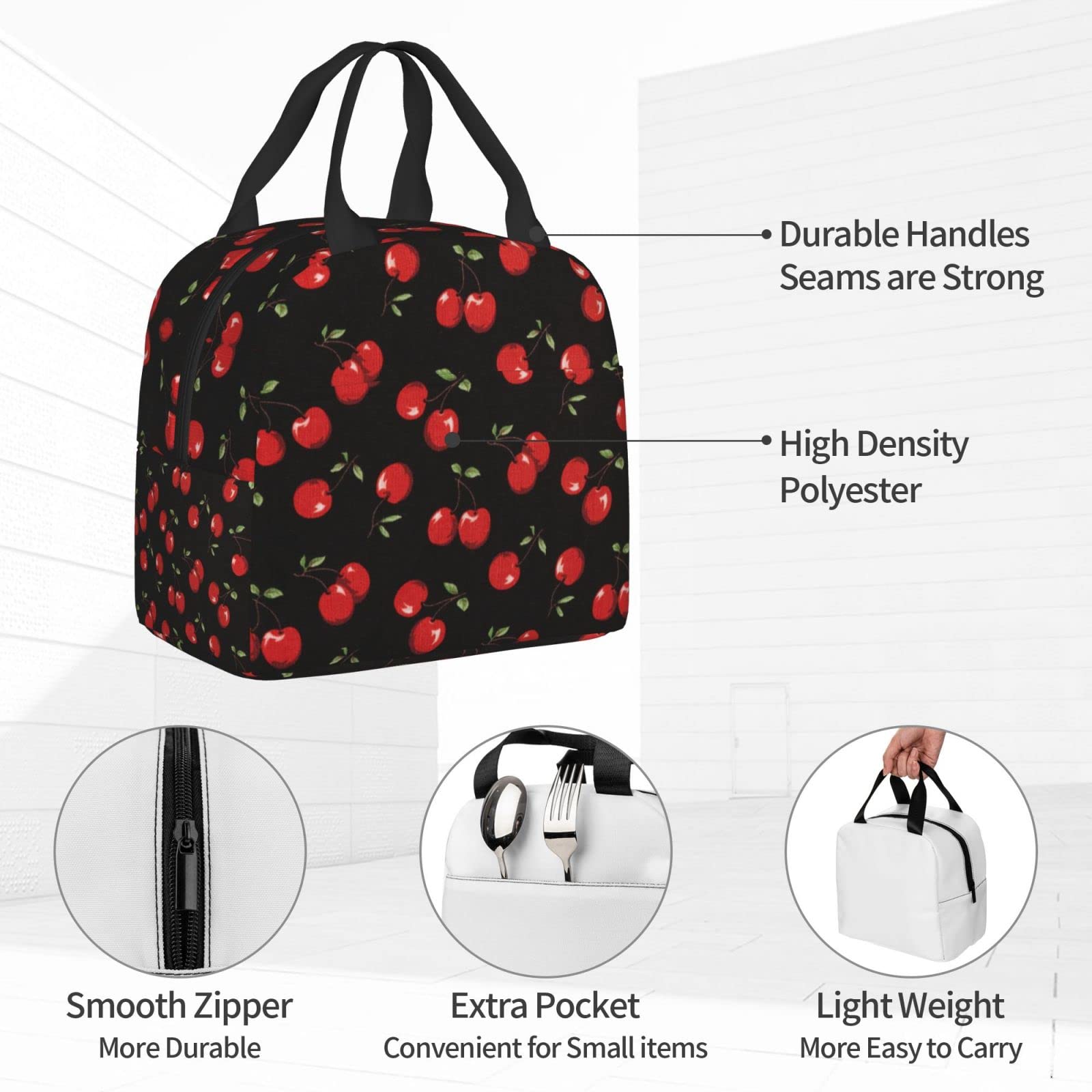 Insulated Black Sweet Cherry Lunch Box - Reusable Thermal Meal Bag for School, Work, Travel & Picnic | Food Container for Men, Women, Boys & Girls | Perfect for Office, Hiking & Outdoor Activities