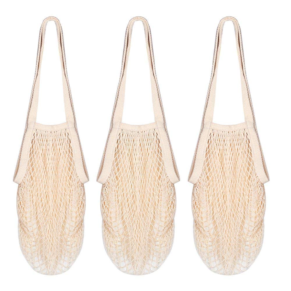 3-Pack Large Cotton Mesh Shopping Tote Bags - Eco-Friendly Reusable Grocery Bags for Supermarket, Beach, Storage, Fruits, Vegetables & Toys | Perfect for Grocery Shopping, Travel & Organizing