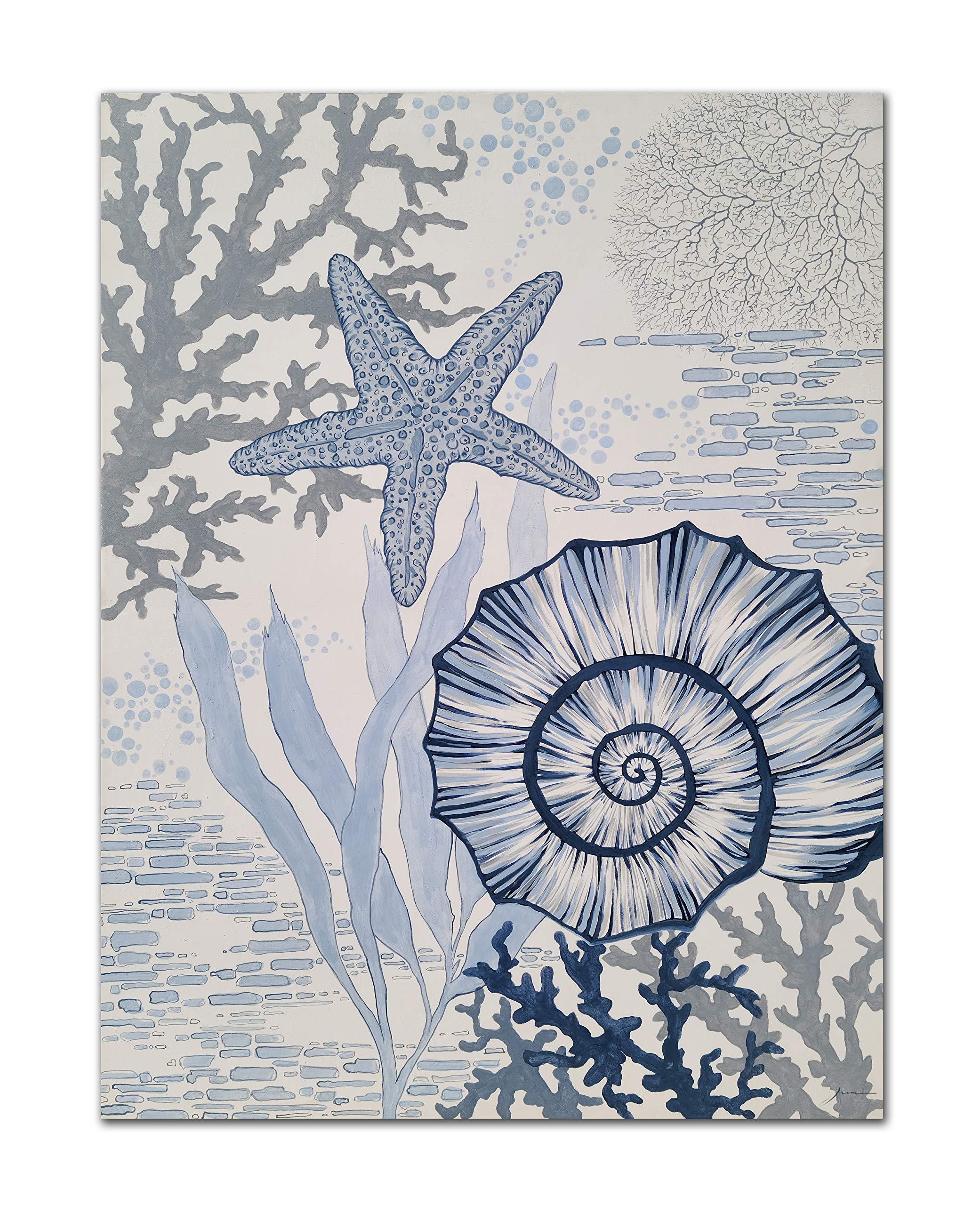Hand Painted Coastal Canvas Wall Art - Blue and White Sea Shell & Starfish Painting for Living Room, Bedroom, Bathroom Decor | Beach Theme Home Décor, Perfect for Coastal Style Interiors