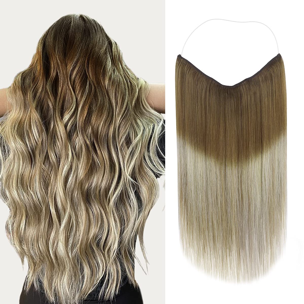 Marat 12 Inch 70g Wire Hair Extensions - Walnut Brown to Ash Brown & Bleach Blonde Remy Human Hair with Invisible Fish Line | Real Human Hair Extensions for Everyday Wear, Parties & Special Occasions