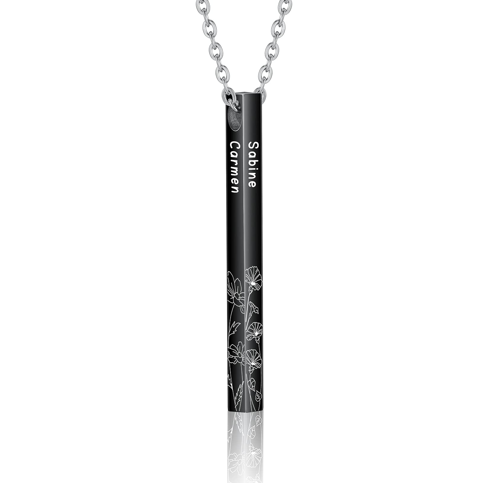Personalized Name Bar Necklace for Men & Women - Custom Engraved Initial Vertical Pendant with 12 Months Birth Flowers - Stainless Steel Jewelry Gift for Anniversary, Birthday & Valentine's Day - Perfect for Romantic Occasions & Everyday Wear