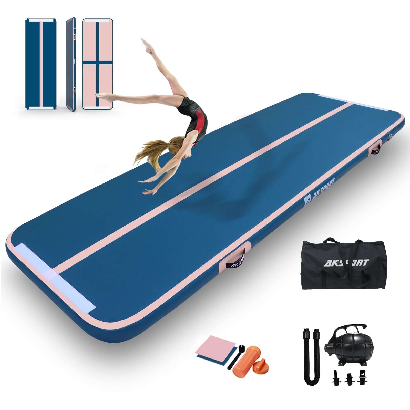 AKSPORT Inflatable Gymnastics Air Mat - Portable Tumble Track & Tumbling Floor Mat with Air Pump for Home Gym, Cheerleading, Parkour Training | Perfect for Indoor Practice, Beach, Park & Water Activities