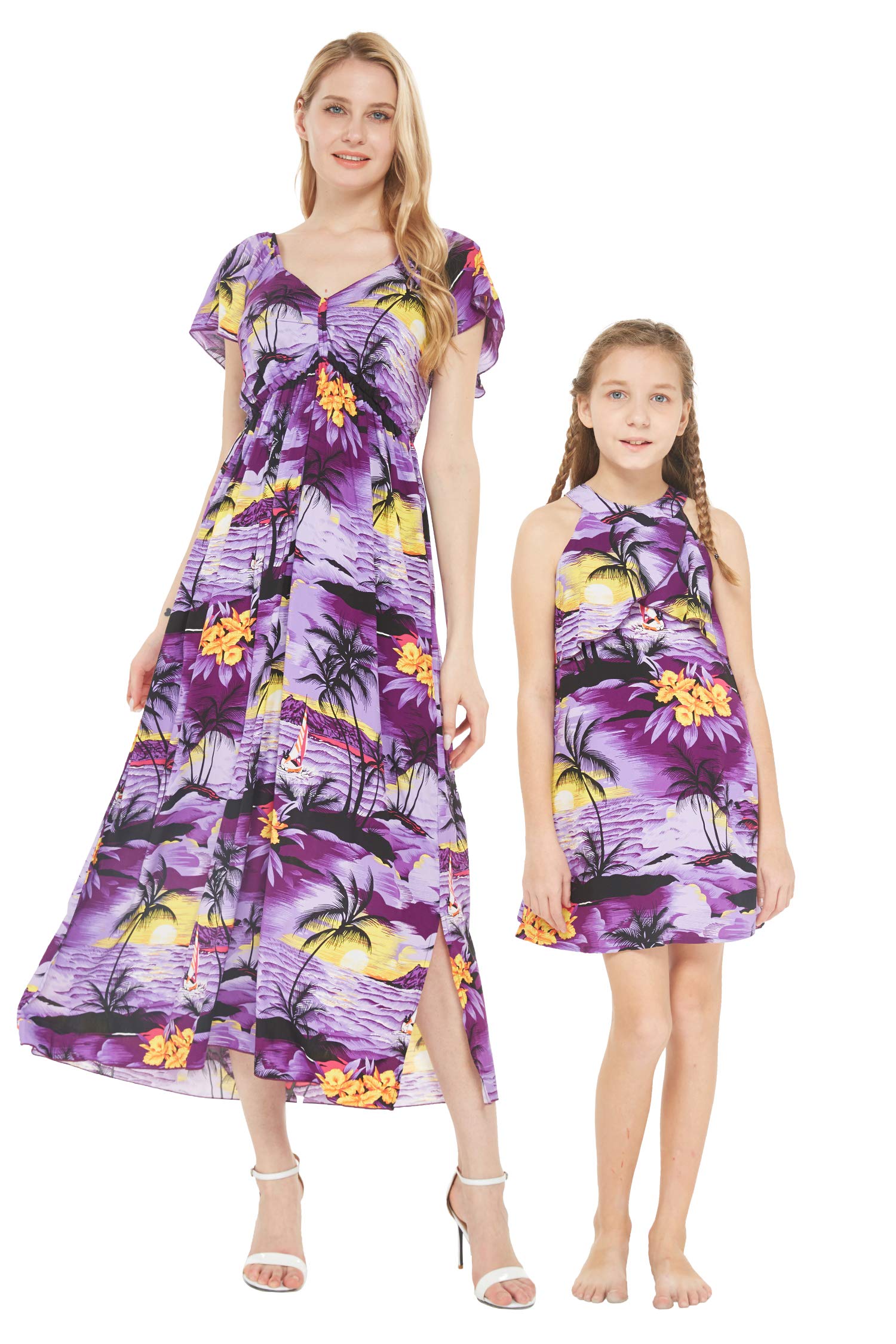 Matching Mother Daughter Hawaiian Luau Dress Set - Sunset Purple Ruffled Round Neck Aloha Outfit for Beach Parties, Family Photos & Summer Vacations