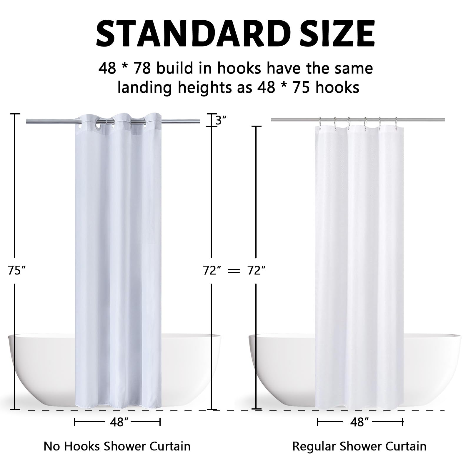 Furlinic White No Hook Small Stall Shower Curtain 48x78 Inch - Half Narrow Size Polyester Fabric Bathroom Curtain with 6 Plastic Split Grommets - Hotel Quality Waterproof & Washable Bath Shower Curtain for Bathroom, Guest Room & Apartment Use