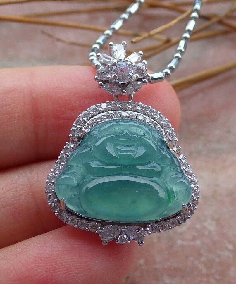 925 Sterling Silver Certified Burma 100% Natural Jadeite Happy Buddha Pendant Necklace - Green A Jade Buddhist Jewelry for Meditation, Good Luck & Spiritual Protection