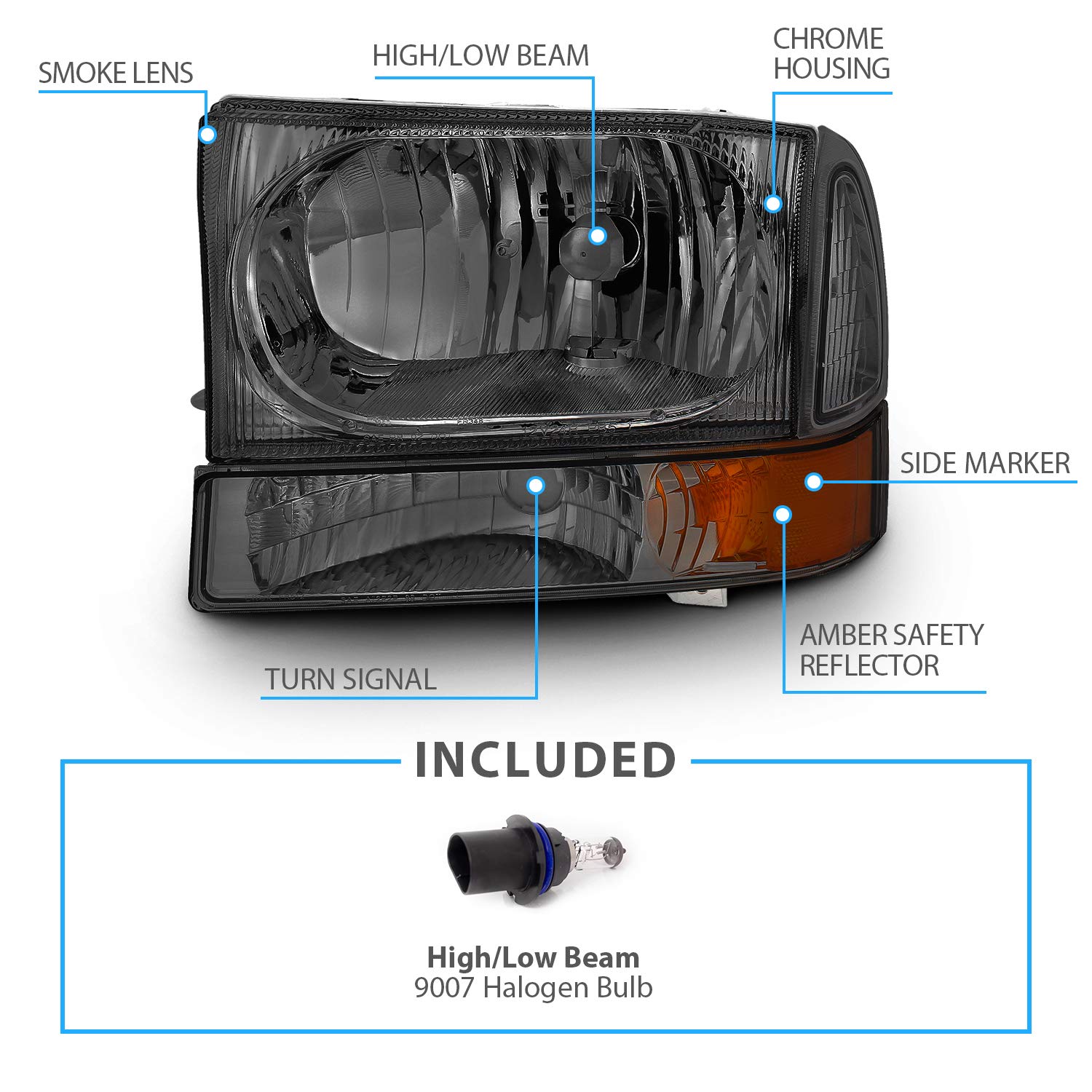 AmeriLite OE Smoke Headlights Set for Ford F250 F350 - Easy Installation