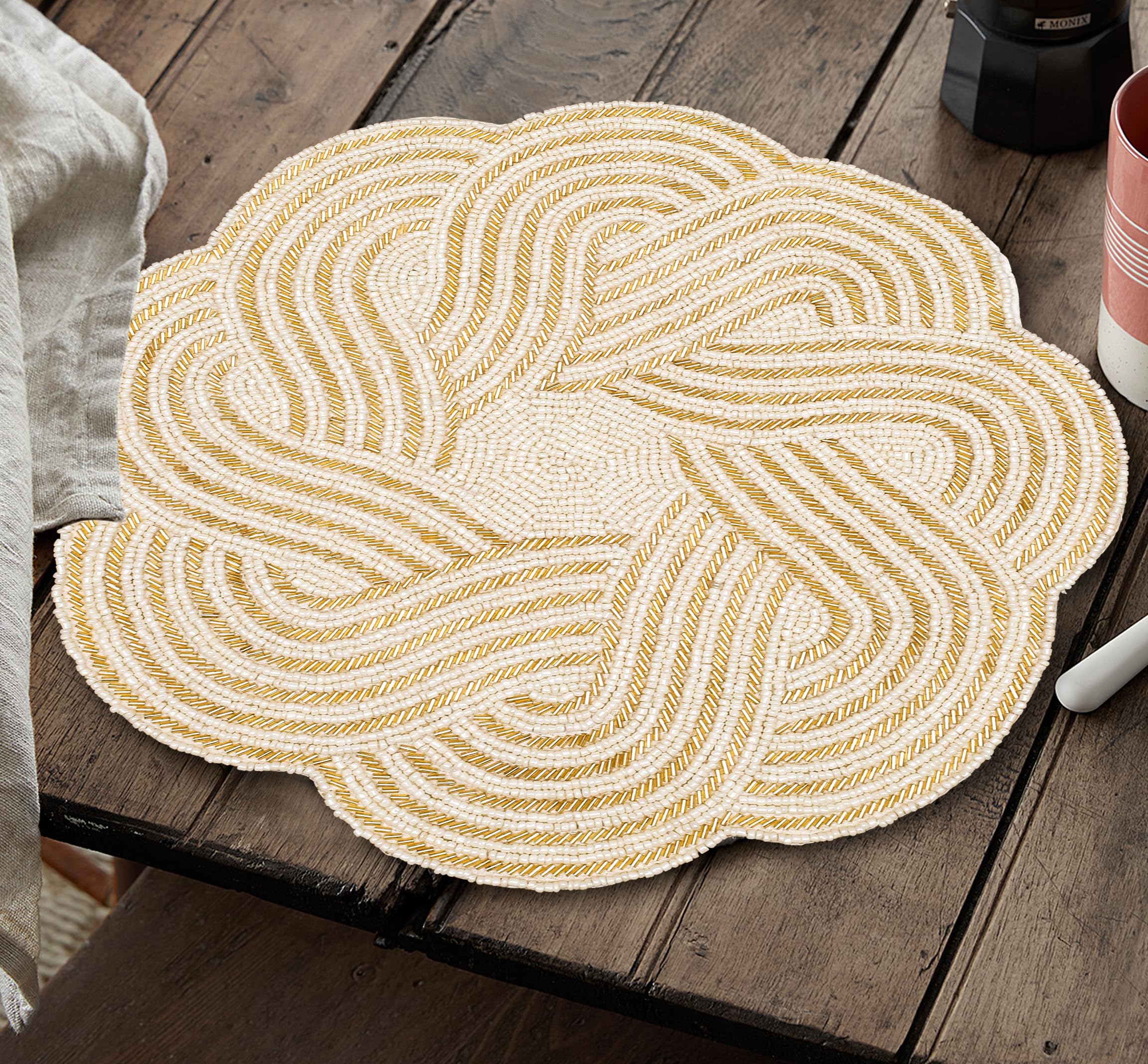 ALPHA Living HOME Handmade Round Beaded Placemats - 13 Inch Elegant Table Mats for Dining, Coffee Table, Wedding & Holiday Decor - Ivory - Perfect for Thanksgiving, Christmas Parties & Home Décor