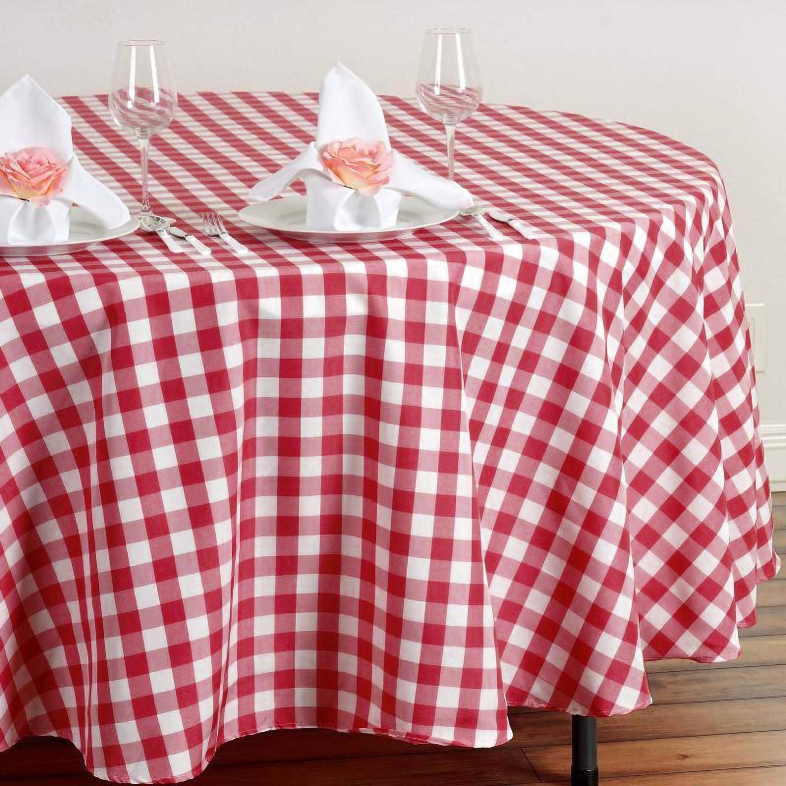 10 Pack 108-Inch Red Round Gingham Checkered Polyester Tablecloths - Washable & Wrinkle-Resistant for Wedding, Party, Catering, and Outdoor Events Decorations