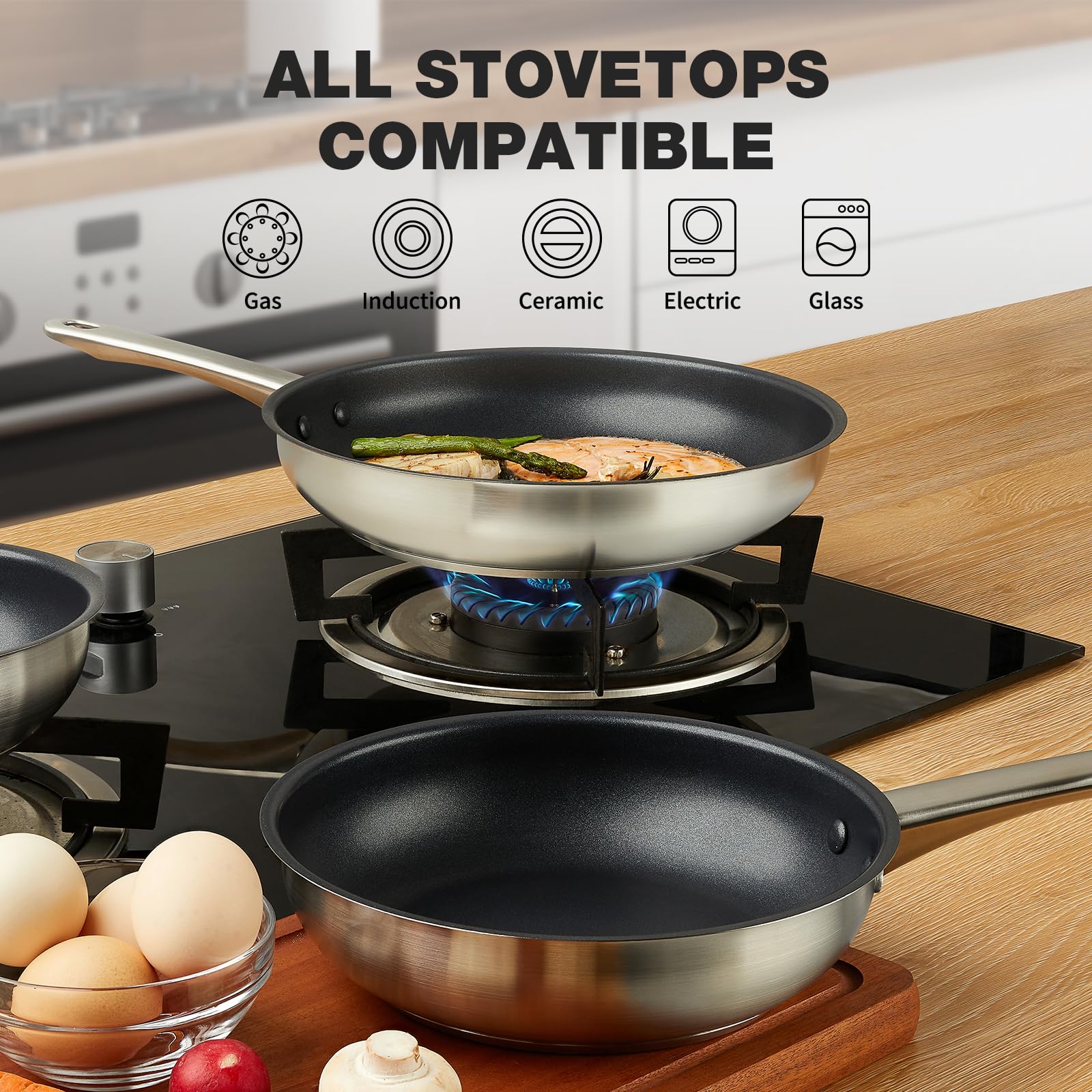 KOCH SYSTEME CS 10 Inch Stainless Steel Frying Pan - Non-Toxic, Nonstick Coating, Induction Compatible & Oven Safe - Professional Cookware for Home Chefs - Perfect for Searing, Sauteing & Baking