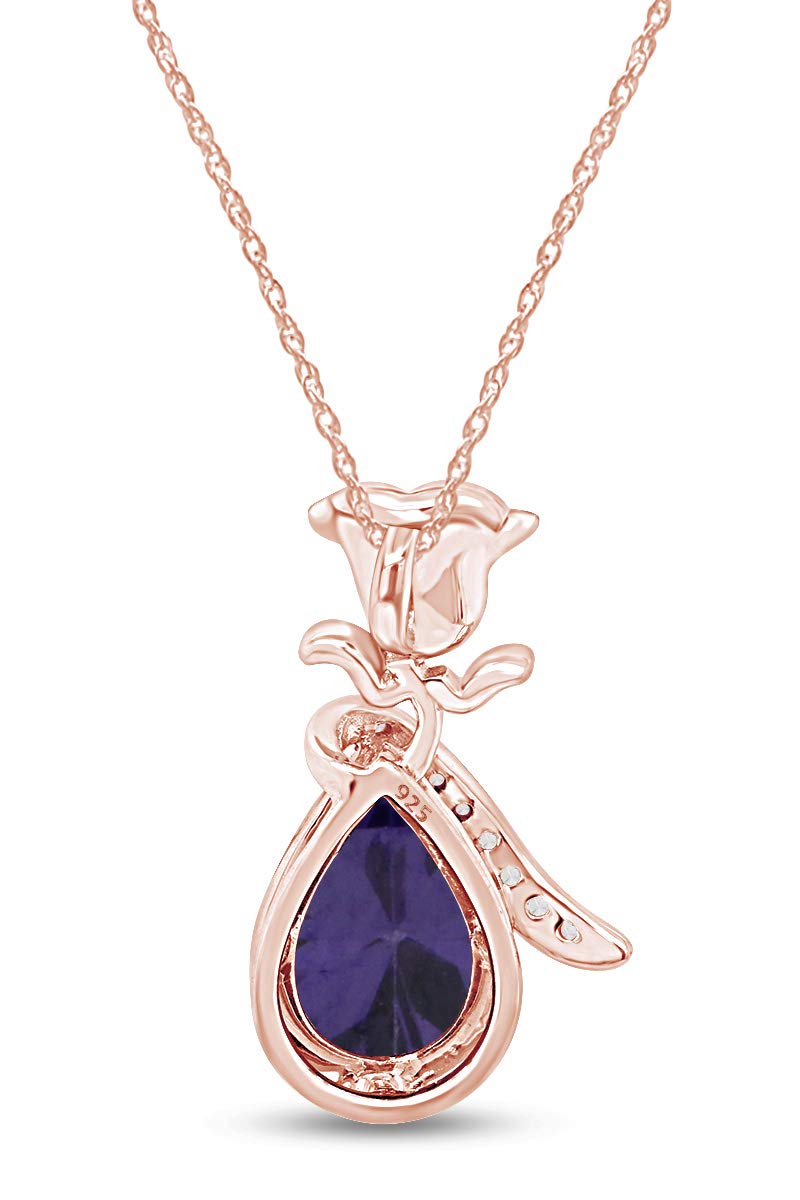 14K Rose Gold Over Sterling Silver Simulated Birthstone Teardrop Pendant Necklace with Rose Flower Bezel Setting - Elegant Jewelry Gift for Women, Perfect for Anniversaries, Birthdays & Special Occasions