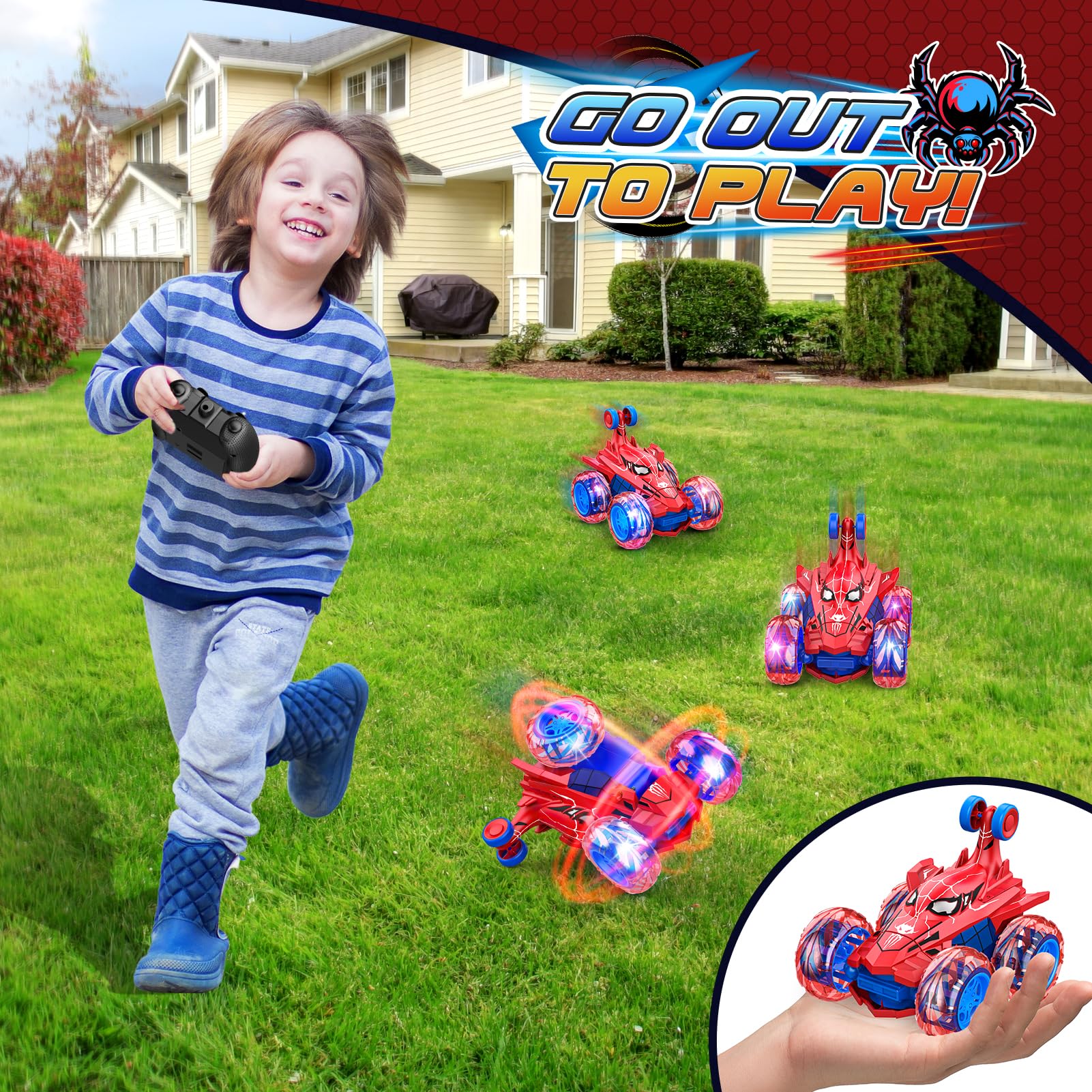 High-Speed 4WD Remote Control Car with 360° Stunt & LED Wheel Lights - RC Toy for Boys Ages 3-10 - Best Birthday & Christmas Gift for Kids - Perfect for Indoor & Outdoor Play, Backyard Racing & Family Fun