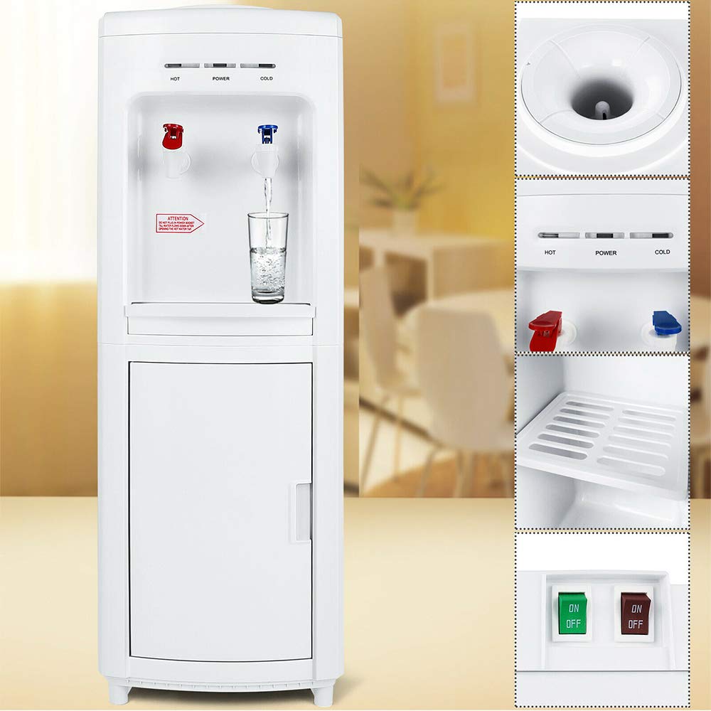 White Modern Top Loading 5 Gallon Water Cooler Dispenser with Hot & Cold Settings - Freestanding Electric Countertop for Home & Office - Storage Cabinet, Plastic & Stainless Steel (11.22