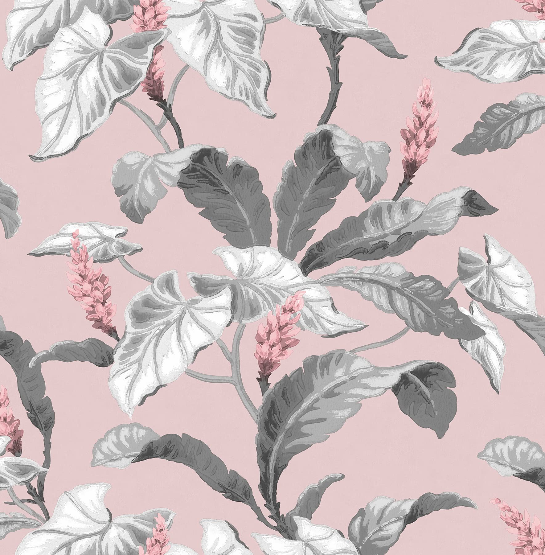 Brewster Home Fashions Meridian Parade Pink Tropical Leaves Wallpaper - Self-Adhesive Peel & Stick Wallpaper for Bedroom, Bathroom, Nursery Decor - Waterproof & Removable Tropical Leaf Design