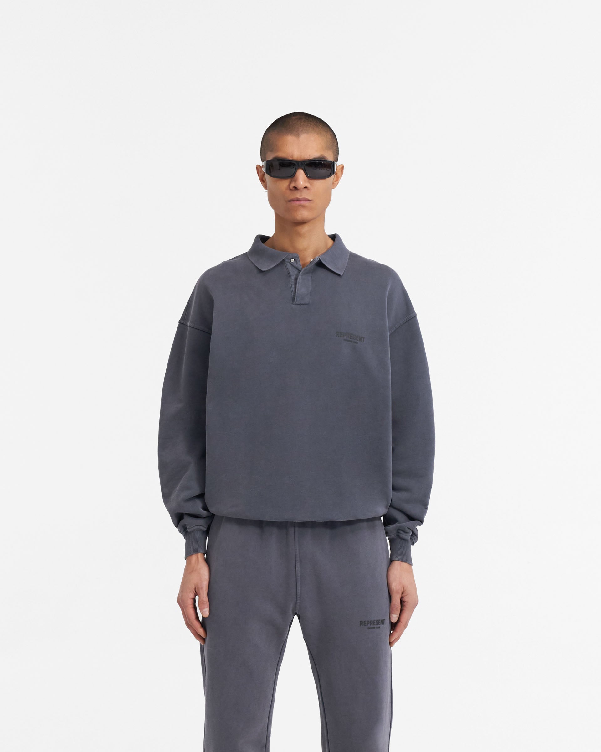 Represent Owners Club Long Sleeve Polo Sweater - Storm Grey Men's Casual Knitwear | Perfect for Business Casual, Golf Outings & Fall Layering
