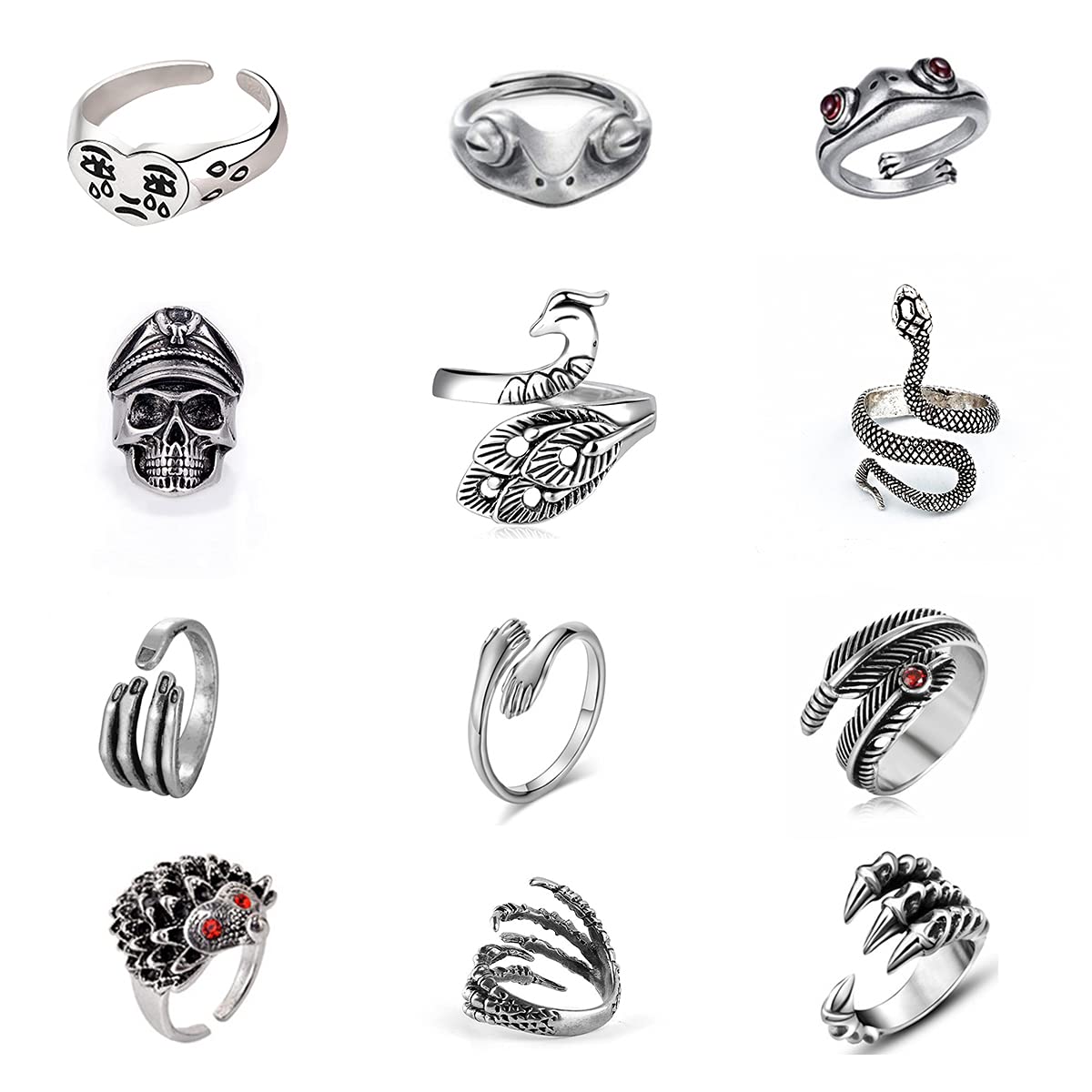 ASMITA 12-Piece Silver Frog Ring Set - Adjustable Animal Jewelry for Women & Men - Vintage Snake, Hug & Lucky Eagle Claw Rings - Perfect Gift for Girls & Teens - Great for Parties, Gifts & Everyday Fashion Accessories