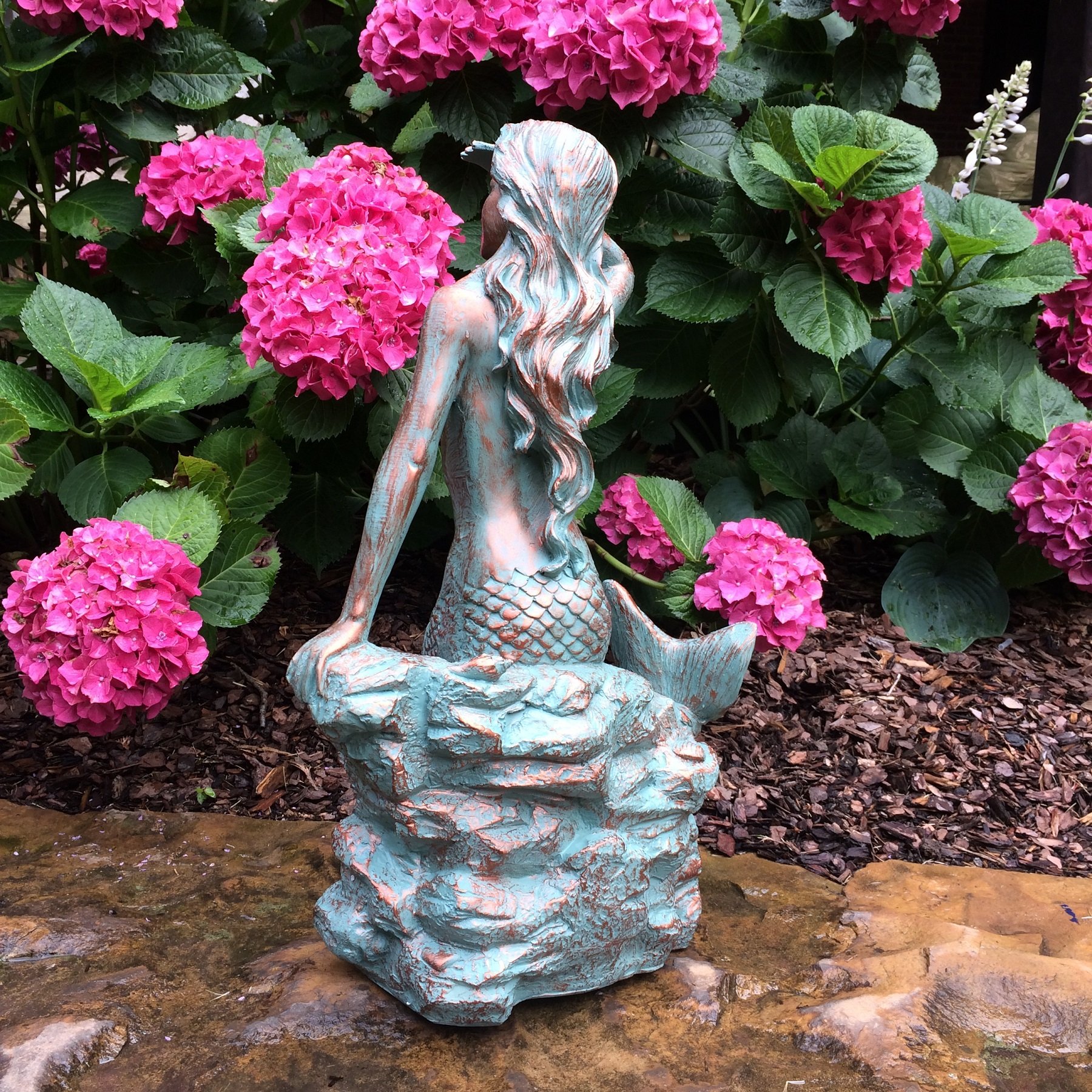 HomeStyles Medium Classic Beach Mermaid on Rock Statue 99371 - 23 Inch Bronze Patina Outdoor Garden Decor for Poolside, Patio & Coastal Themed Spaces