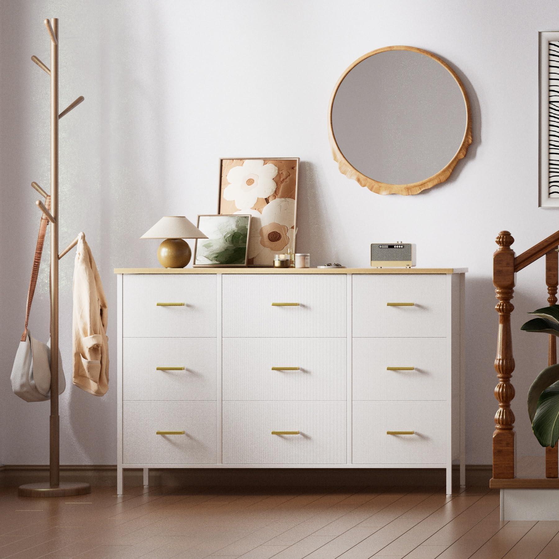 Modern Wide TV Stand with 9 Drawers - White Fabric Storage Cabinet for Bedroom, Living Room & Nursery | TV Console, Dresser & Closet Organizer for Home Entertainment & Storage Solutions