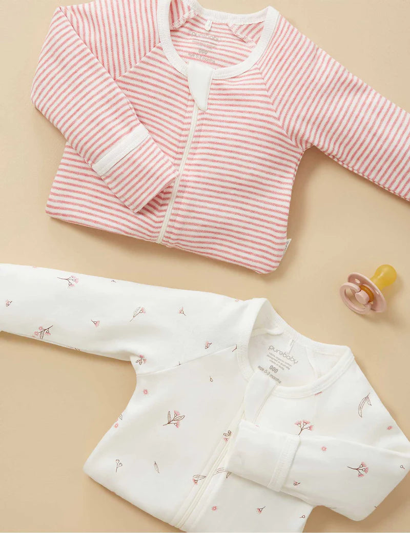 Purebaby Organic Cotton Zip Growsuit 2 Pack - Vanilla Blossom | Soft Baby Sleepwear for Newborns & Infants | Perfect for Nursery, Daycare & Playtime