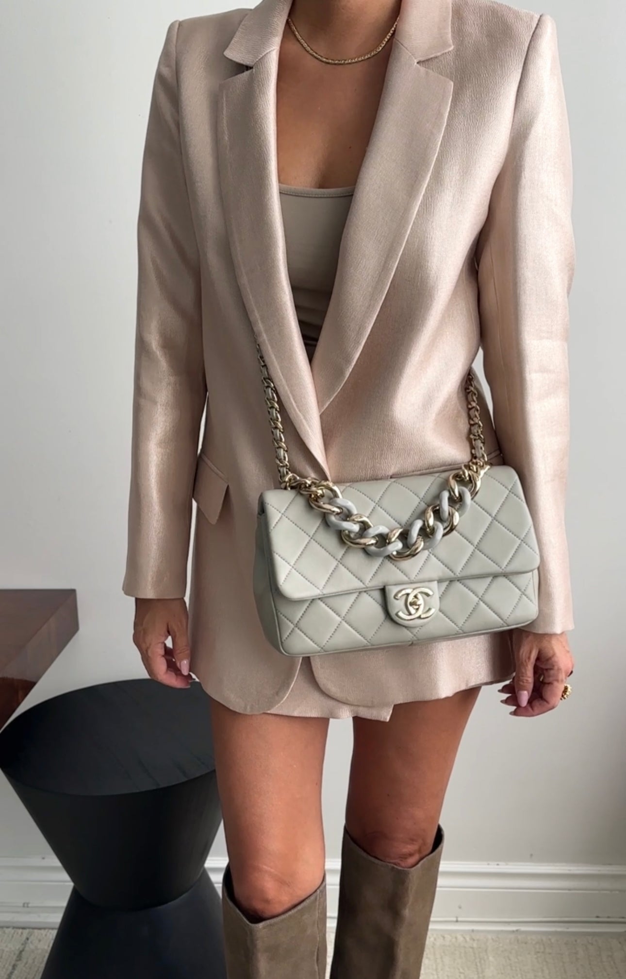 Chanel 22C Grey Leather Large Resin Bi-Color Chain Flap Bag - Luxury Designer Handbag for Women, Perfect for Parties, Work & Everyday Use