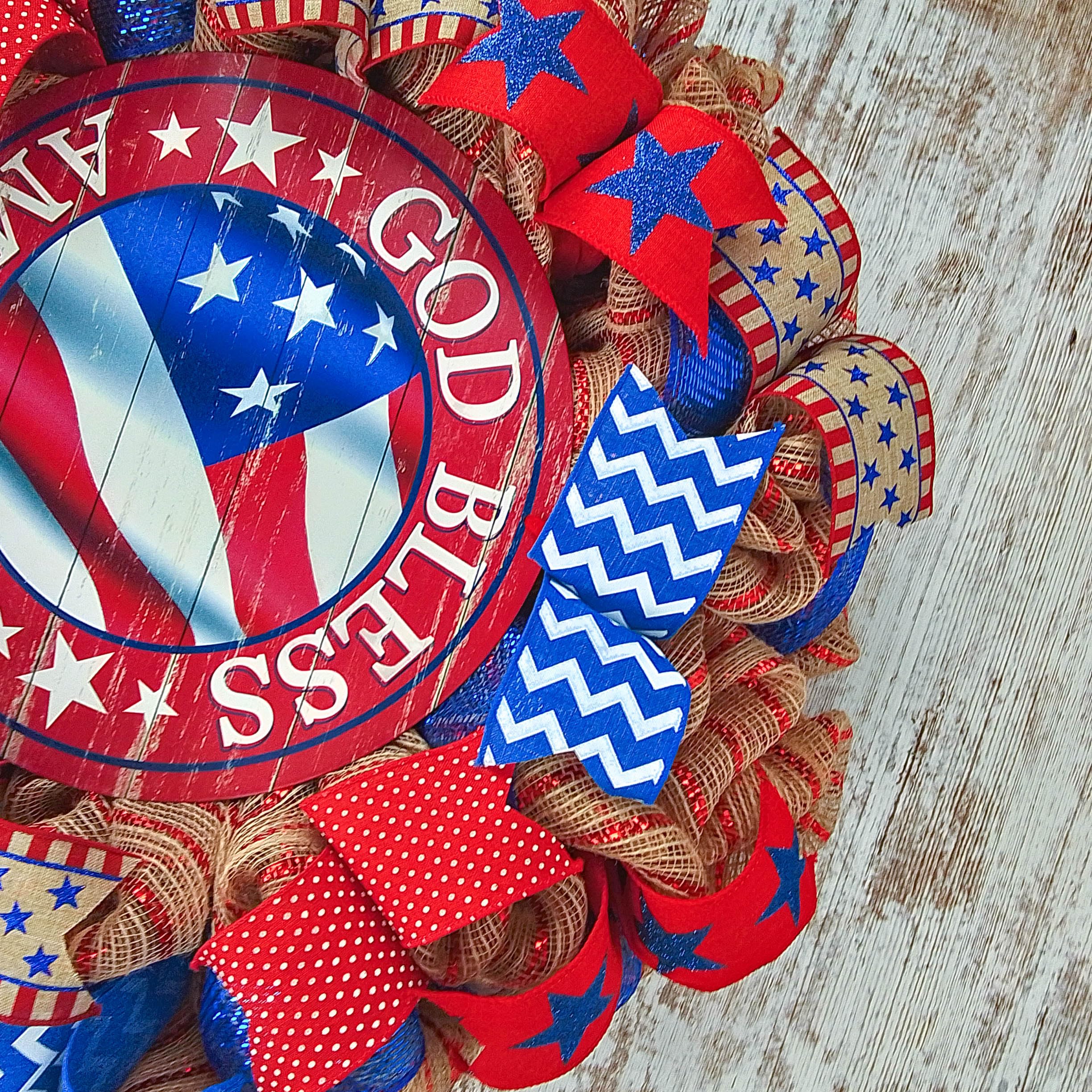 God Bless America Patriotic Wreath - Red White Blue Burlap Wreath for Front Door - Perfect for 4th of July Decorations, Memorial Day, Veterans Day & American Holidays
