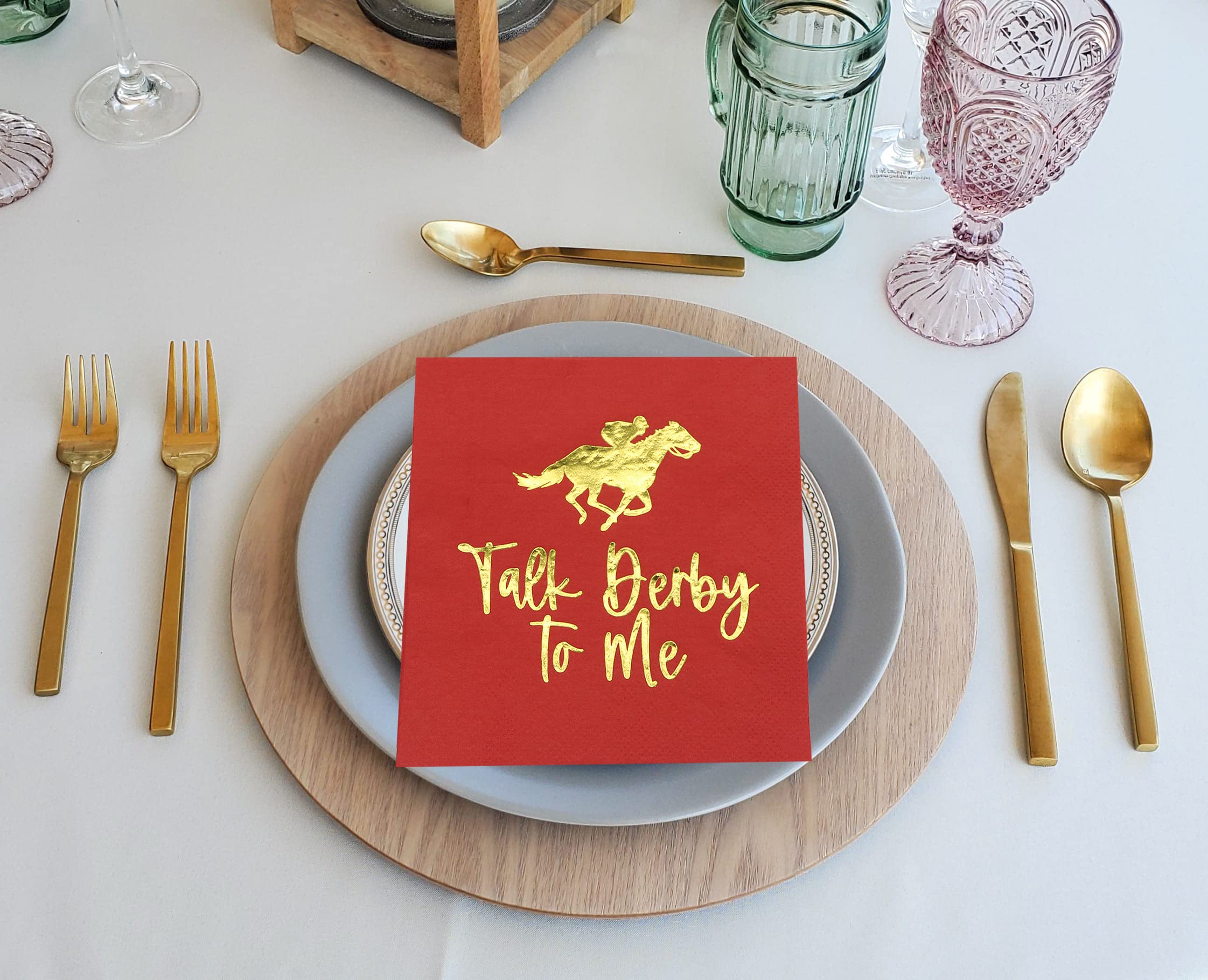 Kentucky Derby Party Napkins - Gold Foil Horse Racing Themed Decorations (5x5 Inch, 50-Pack) for Derby Day Celebrations, Birthday Parties & Rose-Themed Events