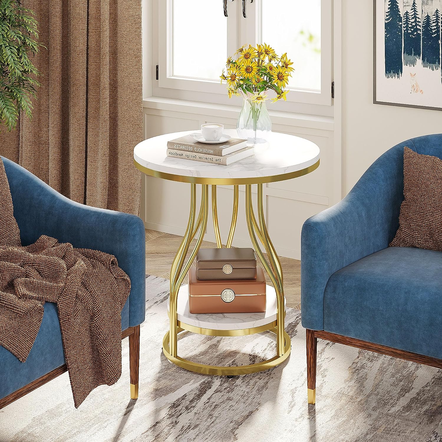 2 Tier Round End Table with Metal Frame - Stylish Sofa Side Table for Living Room, Bedroom, or Office - Perfect for Holding Lamps, Books, and Decor