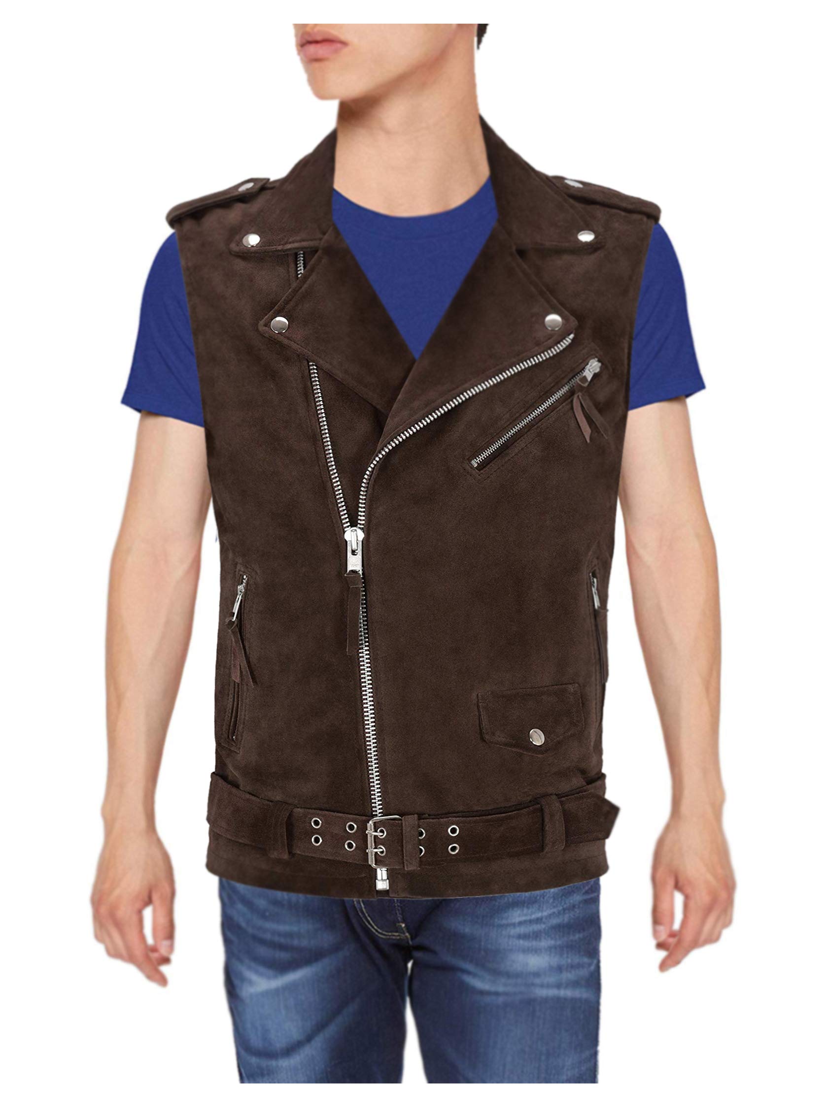Men's Slim Fit Brando Motorcycle Dark Brown Suede Leather Vest - Stylish Biker Jacket for Casual Wear & Outdoor Riding - Perfect for Motorcycle Enthusiasts & Fashionable Men