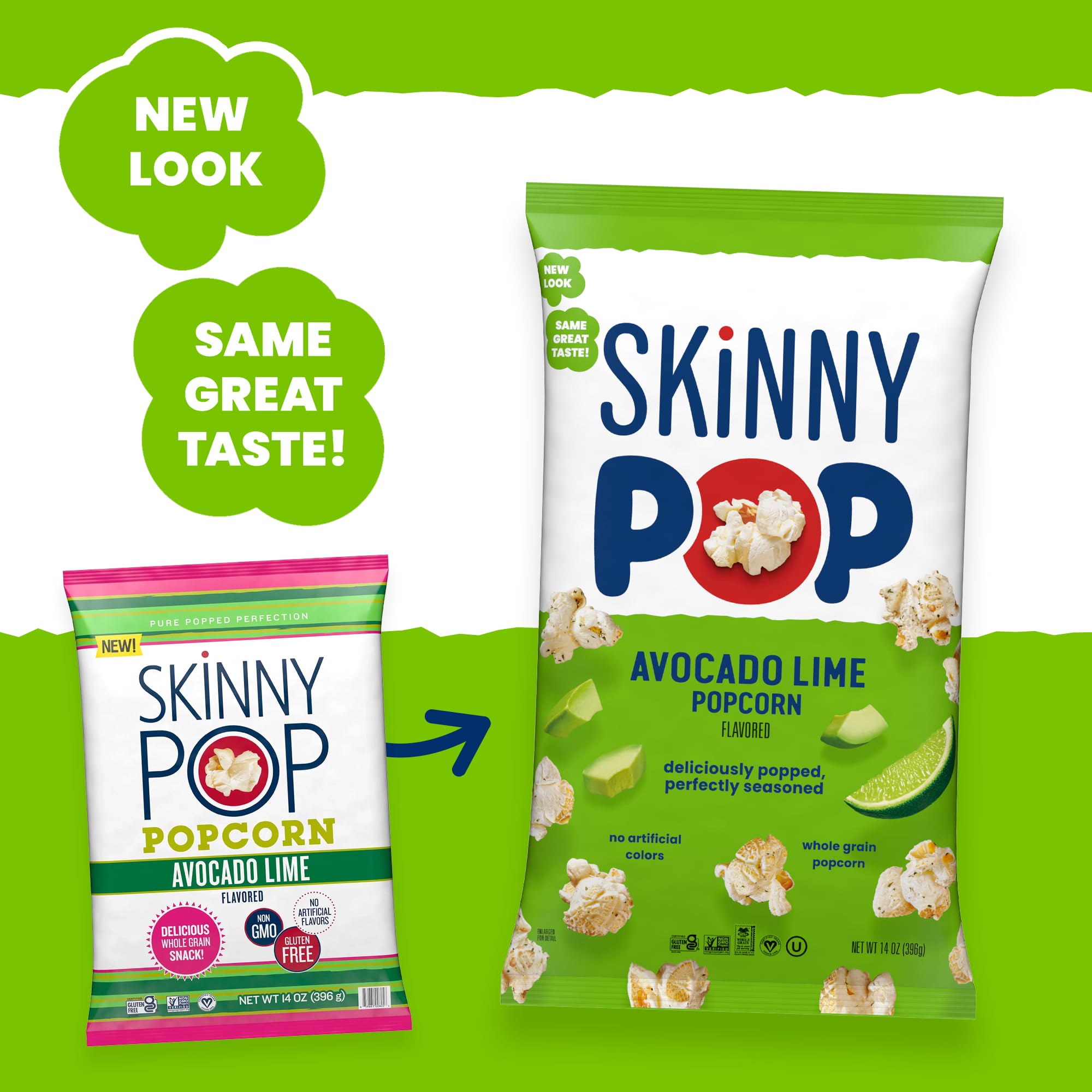 SkinnyPop Avocado Lime Popcorn - Gluten Free, Non-GMO Healthy Snack, 4.4oz Grocery Size Bag - Perfect for Movie Nights, Office Snacks & Keto Diet