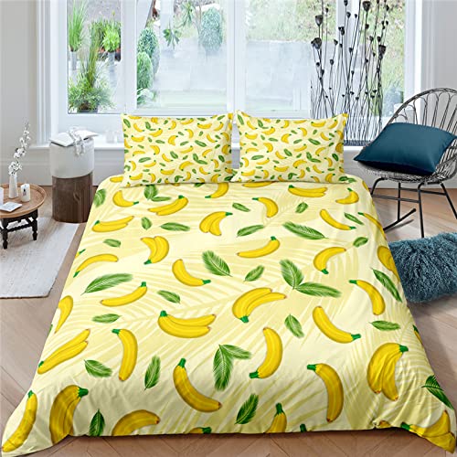 Luxury 3-Piece Queen Duvet Cover Set - Soft Microfiber Yellow Banana Print Bedding (90
