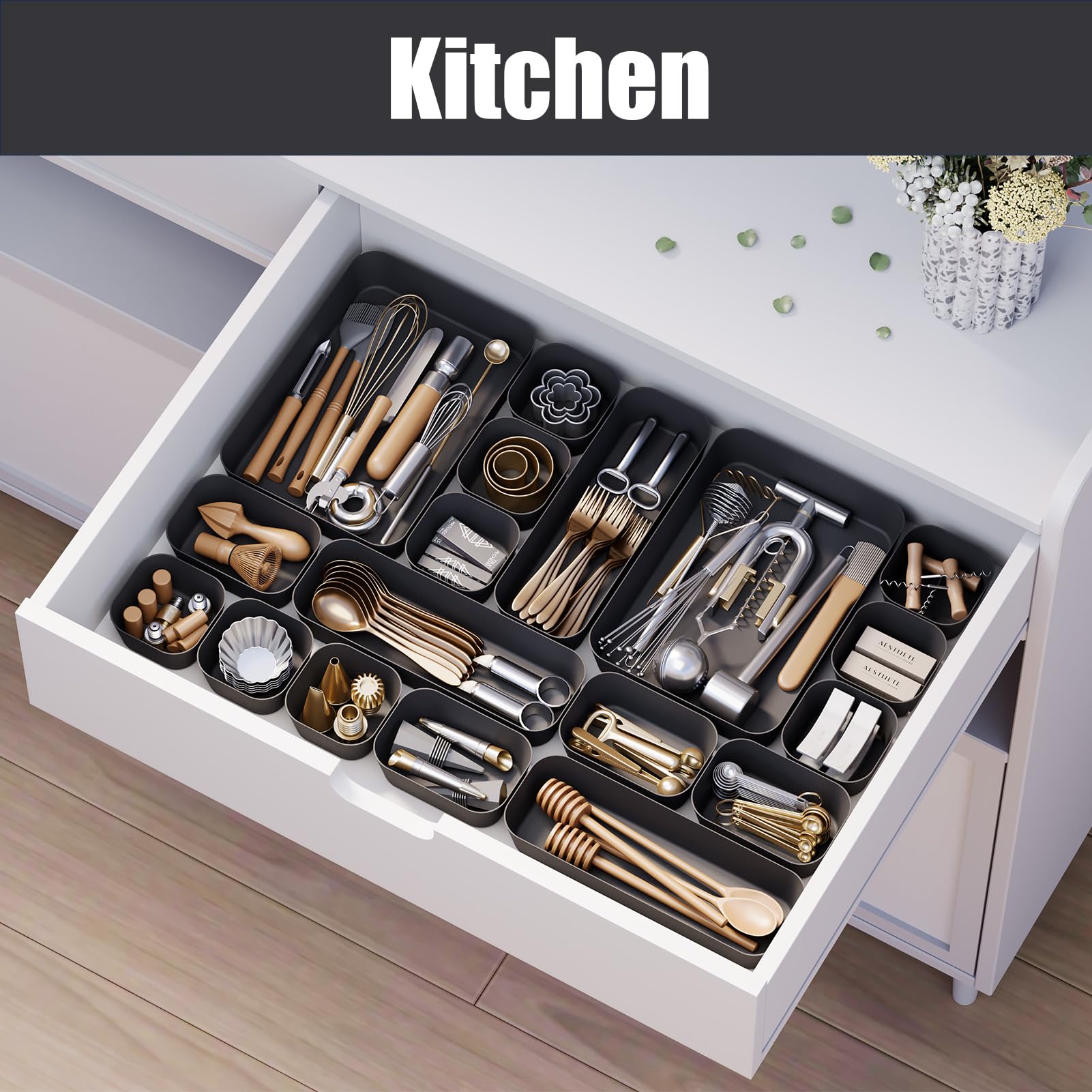 10-Pack Plastic Drawer Organizer Set - Bathroom Vanity & Makeup Storage Trays for Bedroom, Kitchen Utensils & Office Supplies | Space-Saving Organization Solution (Black)