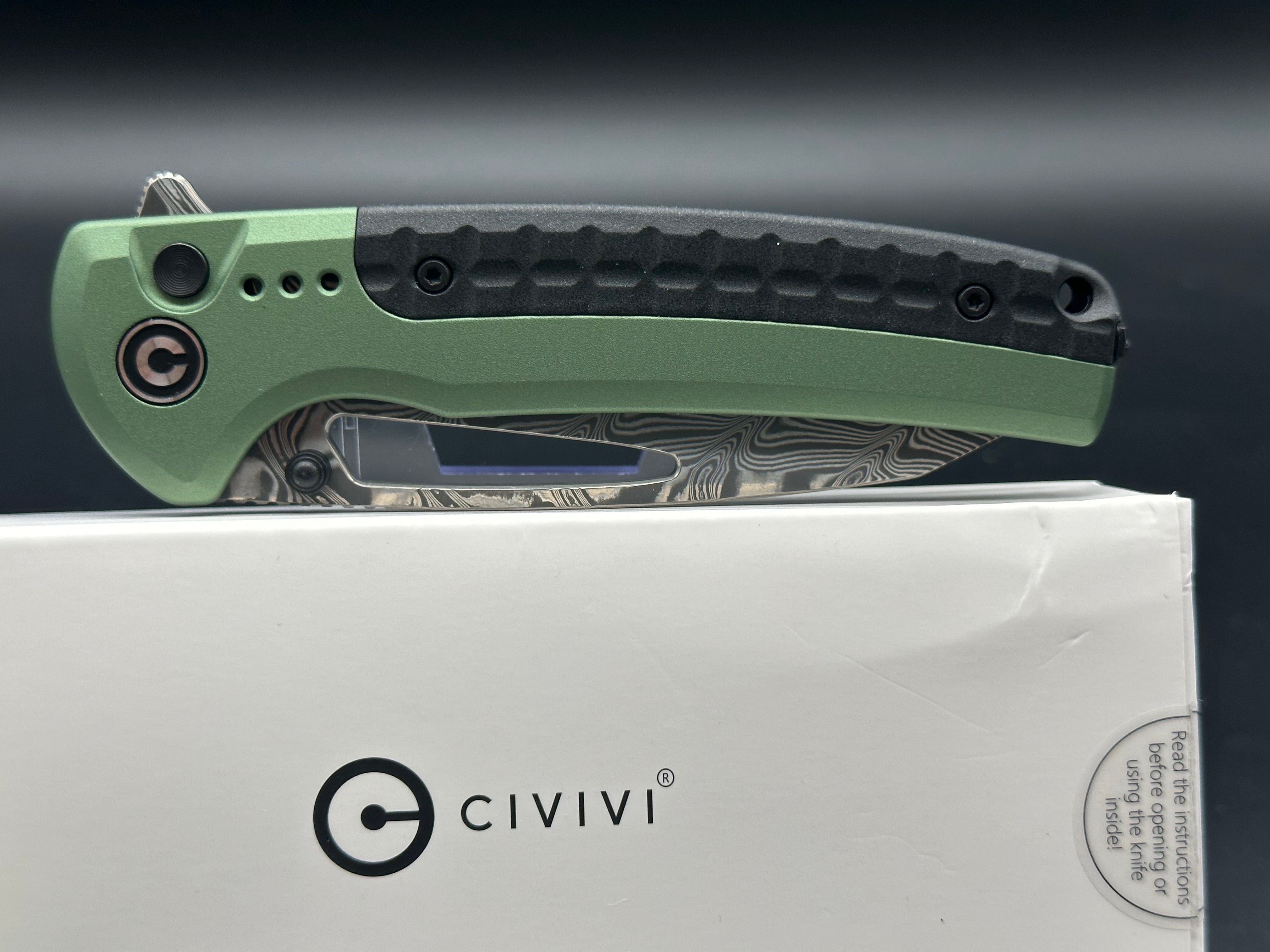 CIVIVI SENTINEL STRIKE Folding Knife - Green Aluminum Handle, Black Damascus Steel Blade, Reverse Tanto Design - Perfect for EDC, Outdoor Camping & Tactical Use