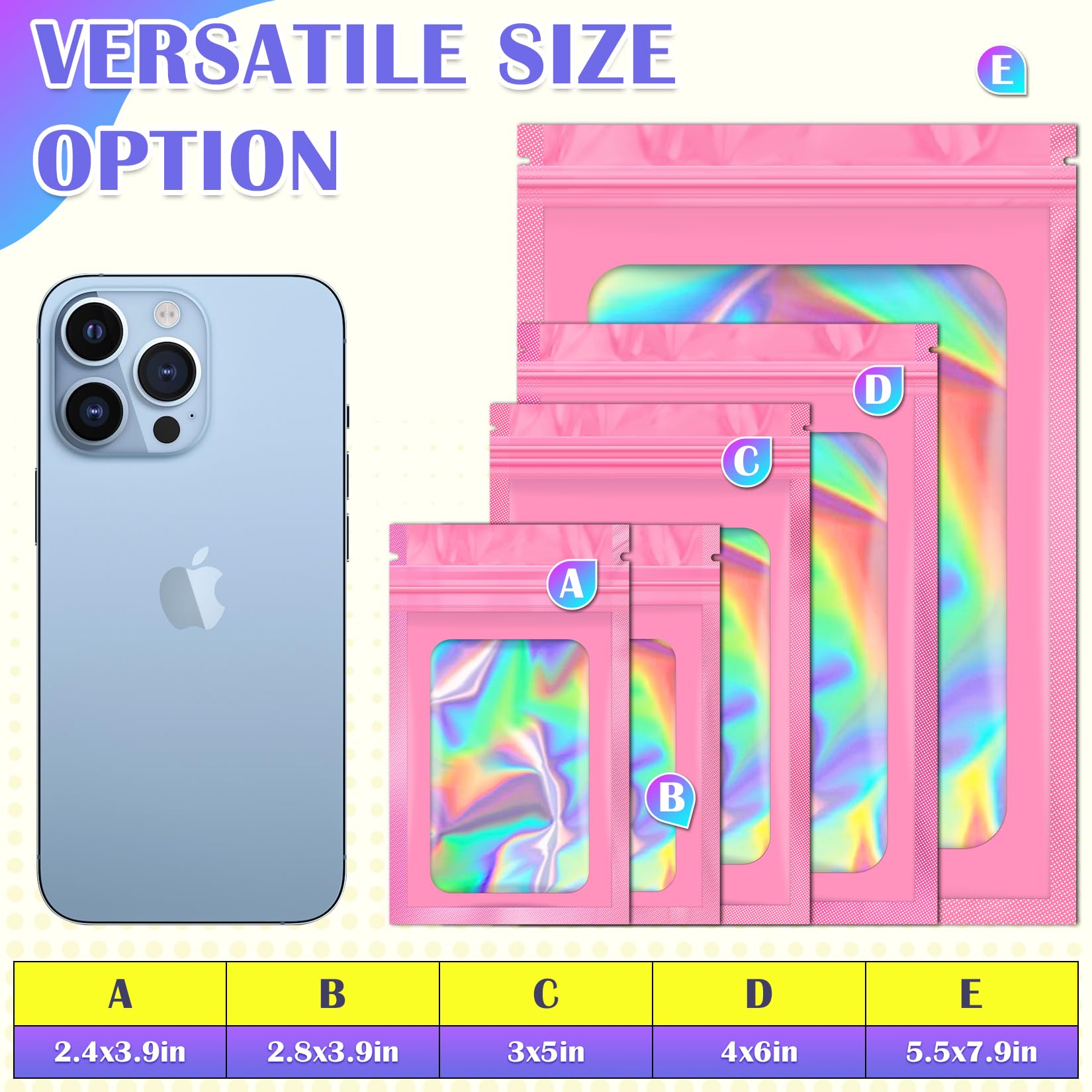 100 PCS Pink Holographic Mylar Bags - Smell Proof & Resealable Food Storage Bags (2.8x3.9in) - Airtight Packaging for Jewelry, Bracelets, Snacks & Small Business Use - Perfect for Organizing, Gifting & Retail Display