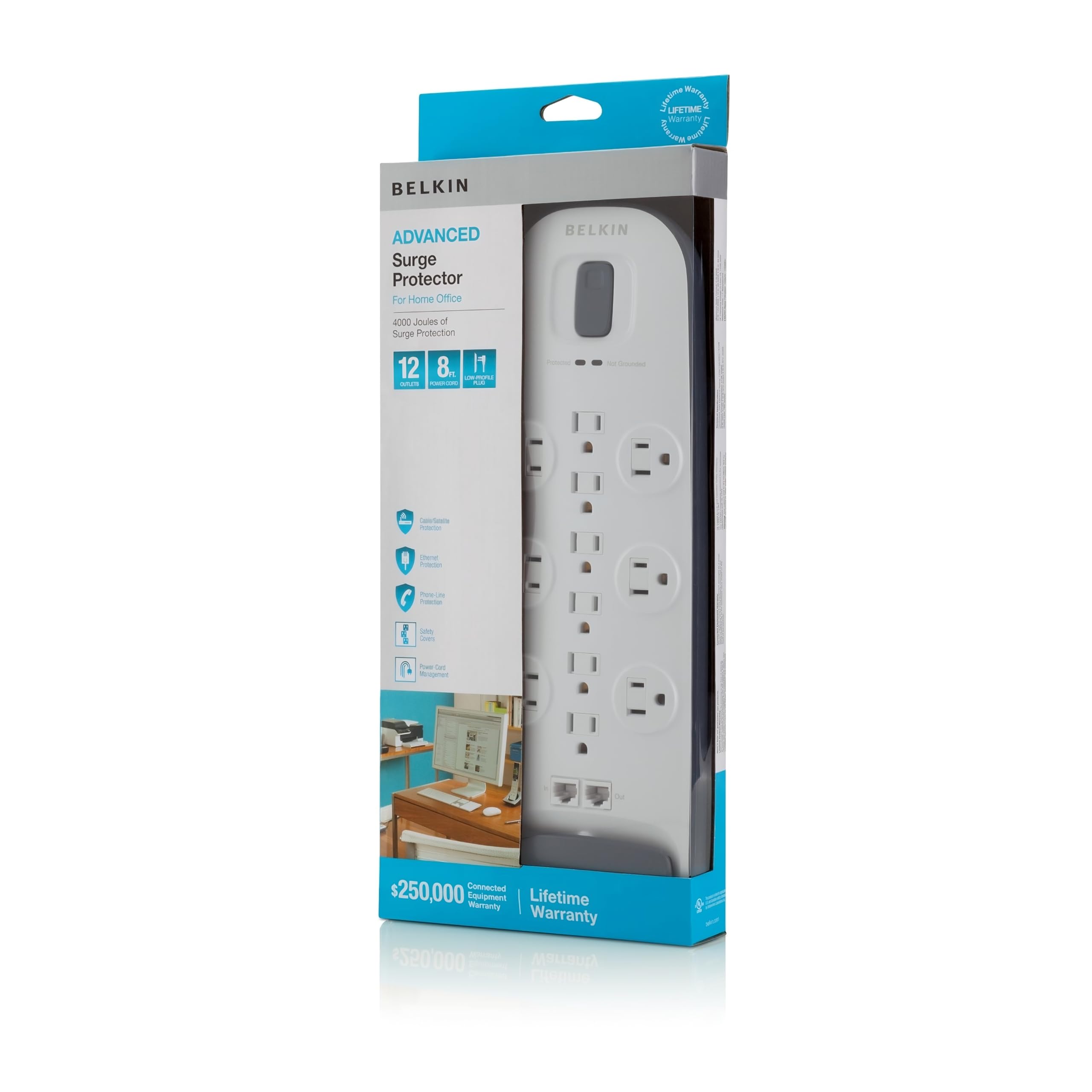 Belkin 12-Outlet Surge Protector Power Strip with 8 ft Extension Cord, 3996 Joules Protection, Ethernet & Coaxial Cable Protection - Ideal for Home Office, Computer Setup, Phone Charging & Travel Accessories