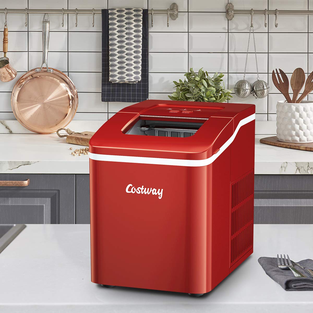 COSTWAY 26Lbs/24H Portable Countertop Ice Maker with Self-Cleaning Function - Makes Bullet Ice Cubes in 8 Minutes - Includes Scoop & Removable Basket - Perfect for Home, Parties, Bars, RV Trips & Outdoor Gatherings (Red)