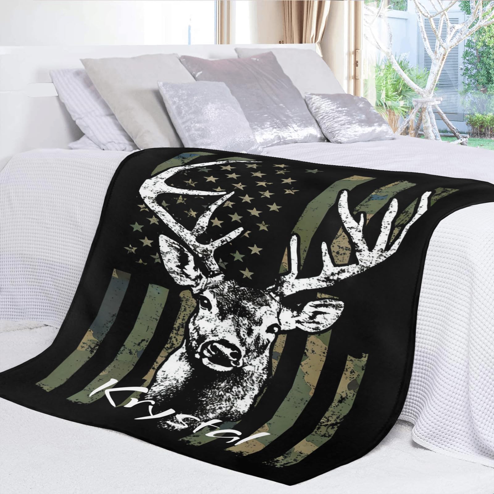 Custom Personalized American Flag Camo Deer Fleece Blanket - Super Soft Throw with Name Text - 50
