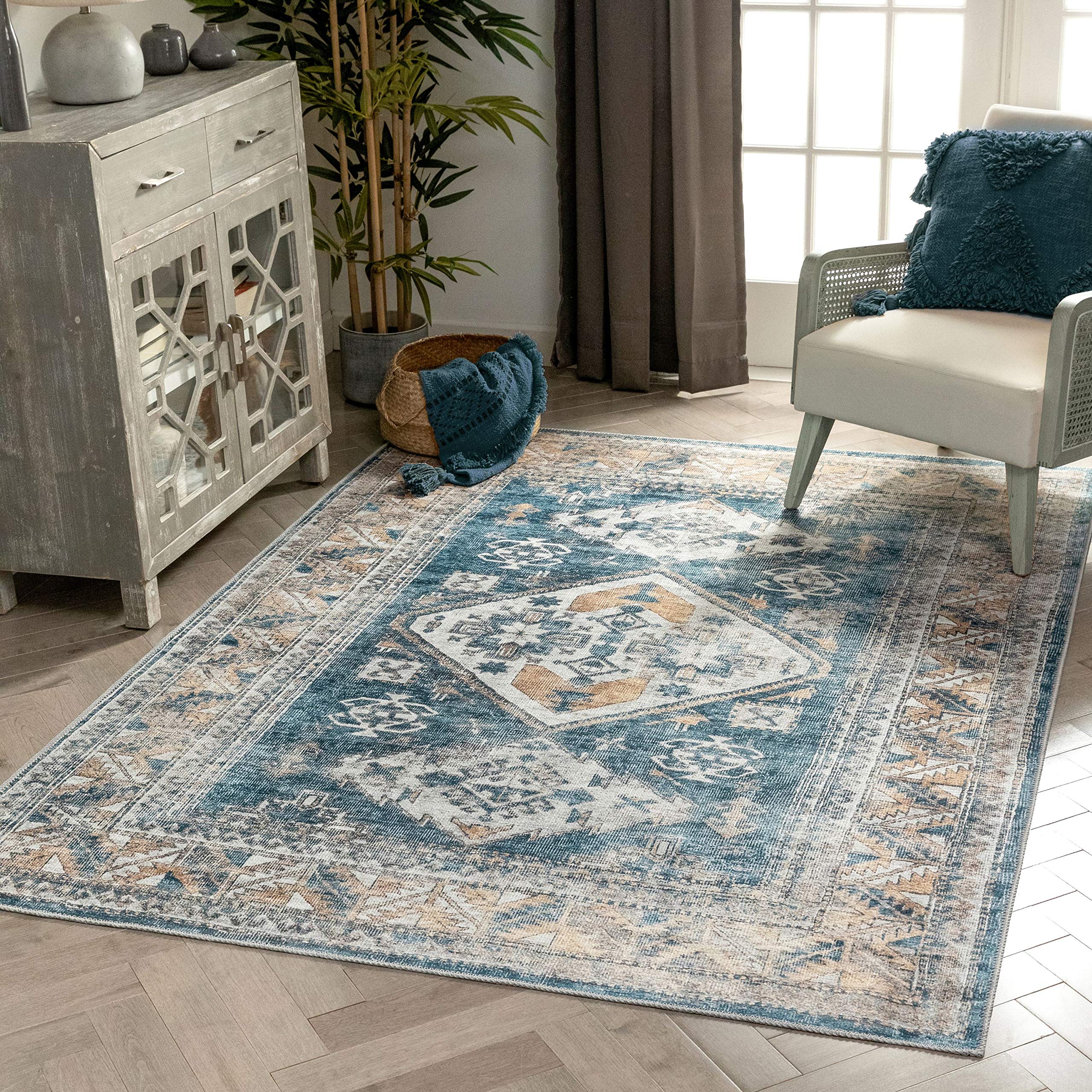 Well Woven Lotus Habra Vintage Medallion Oriental Light Blue Flat-Weave Distressed Area Rug 5'3