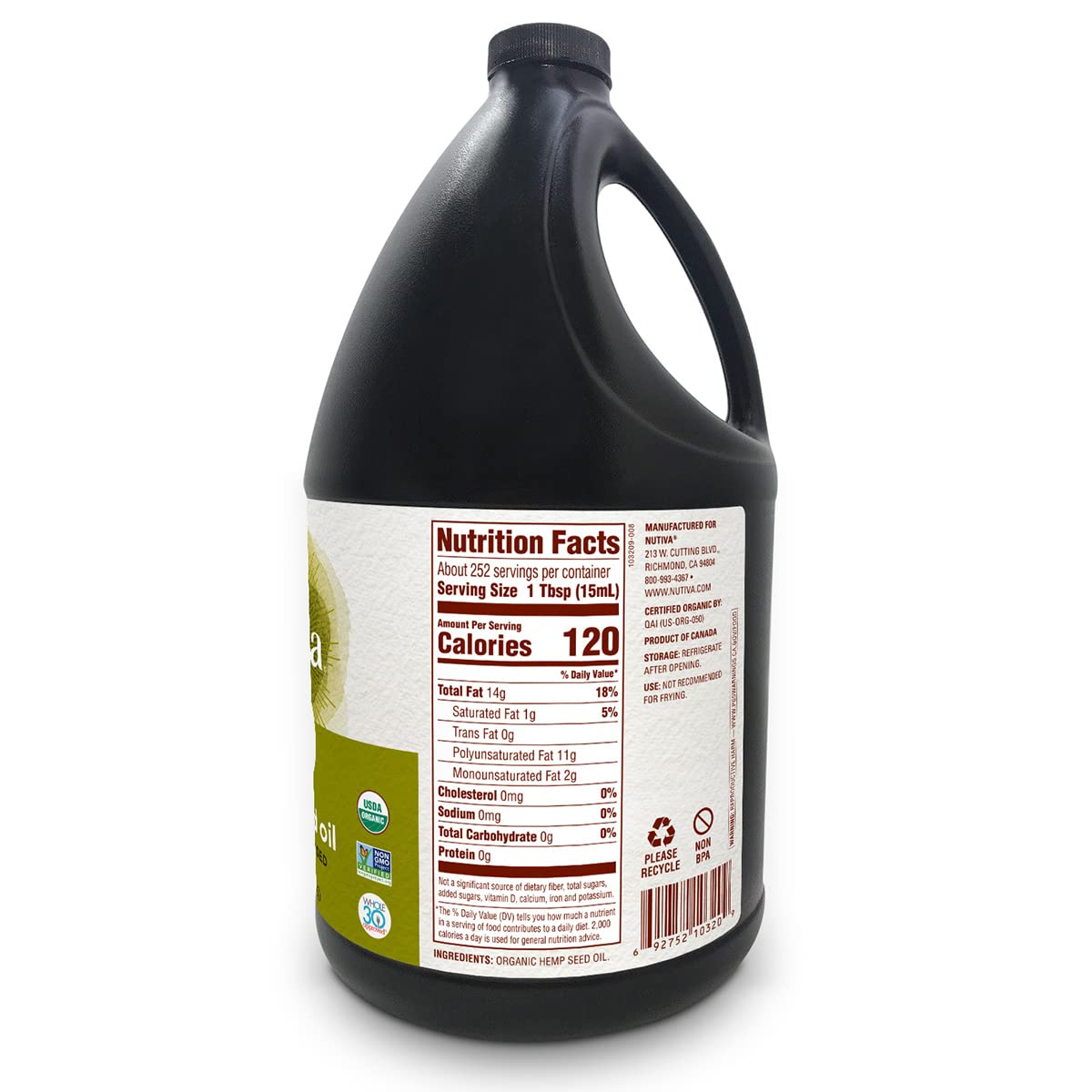 Nutiva Organic Cold-Pressed Unrefined Raw Hemp Seed Oil, 1 Gallon - USDA Organic, Non-GMO, Vegan, Keto & Gluten-Free - Rich in Omega 3 & 6 Fatty Acids - Perfect for Salad Dressings, Smoothies & Skin Care