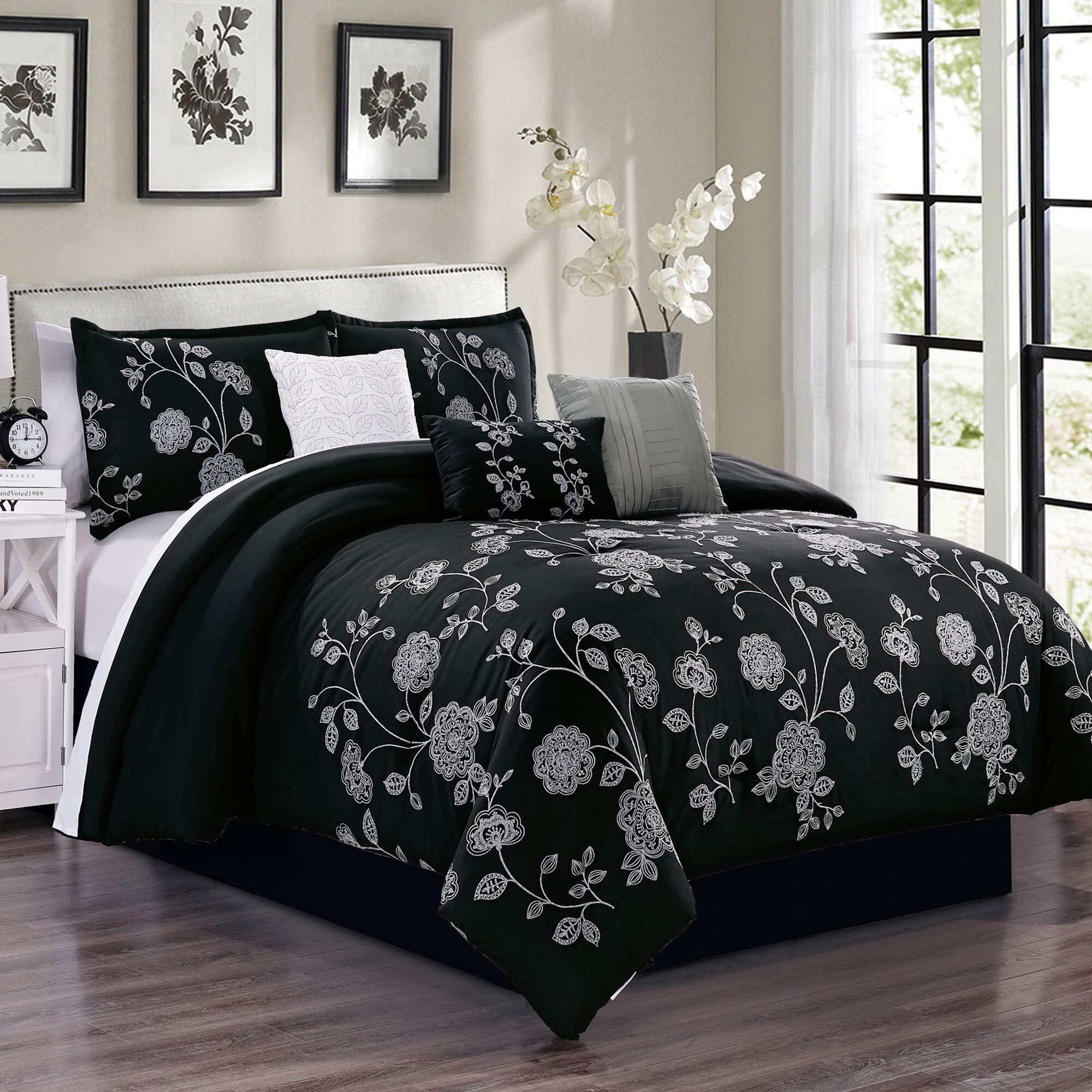 Premium Iris Embroidery 7-Piece King Size Comforter Set - Soft Bedding Collection for Master Bedroom & Guest Room Decor