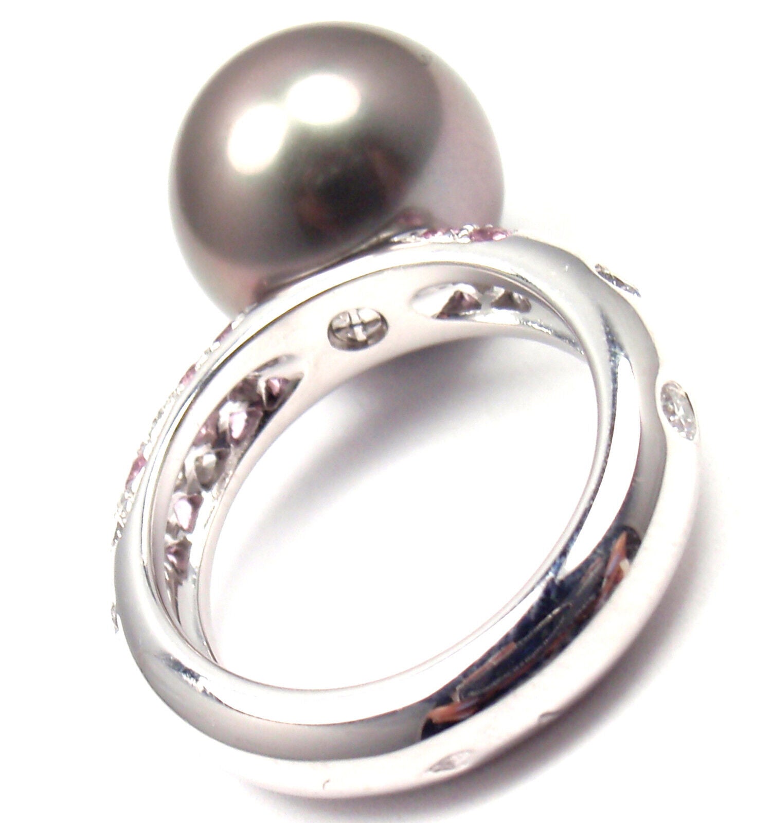 Authentic Cartier 18K White Gold Tahitian Pearl Diamond Pink Sapphire Ring for Women - Luxury Jewelry Gift for Anniversary, Valentine's Day & Special Occasions