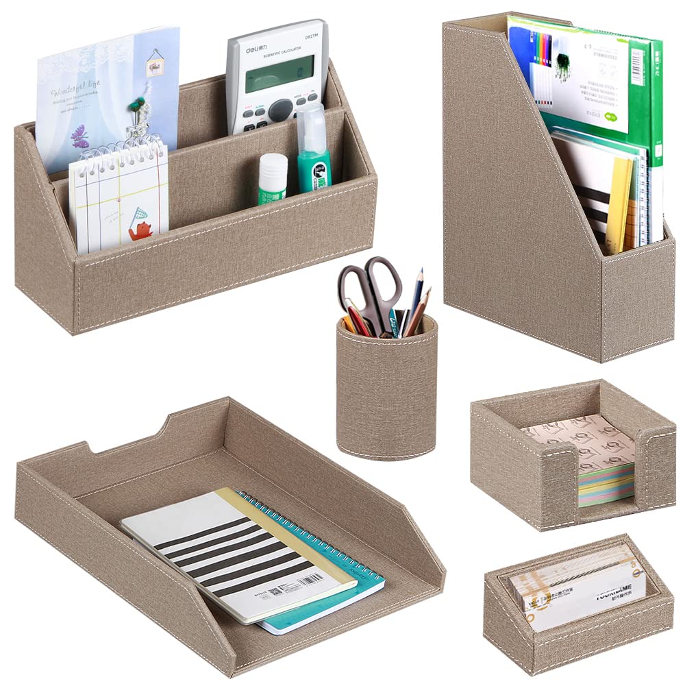6-Piece Desk Organizer Set with File Tray, Magazine Holder, Pen Cup, Sticky Note Holder, Mail Sorter & Business Card Holder - Office Supplies for Women & Men - Perfect for Home, Office & Workspace Organization