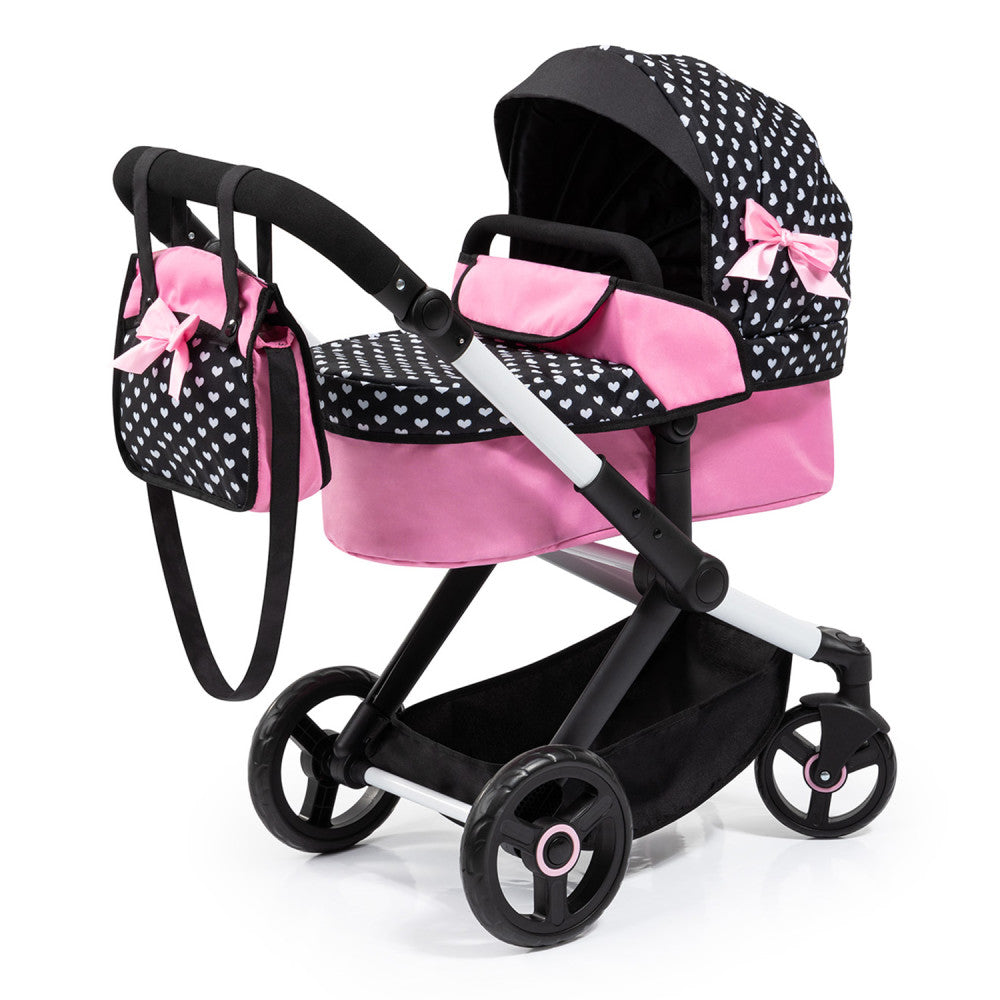Bayer Design Dolls Pram Xeo - Black & Pink Hearts Stroller with Matching Handbag for Baby Dolls | Perfect for Pretend Play, Role-Playing & Gift Giving