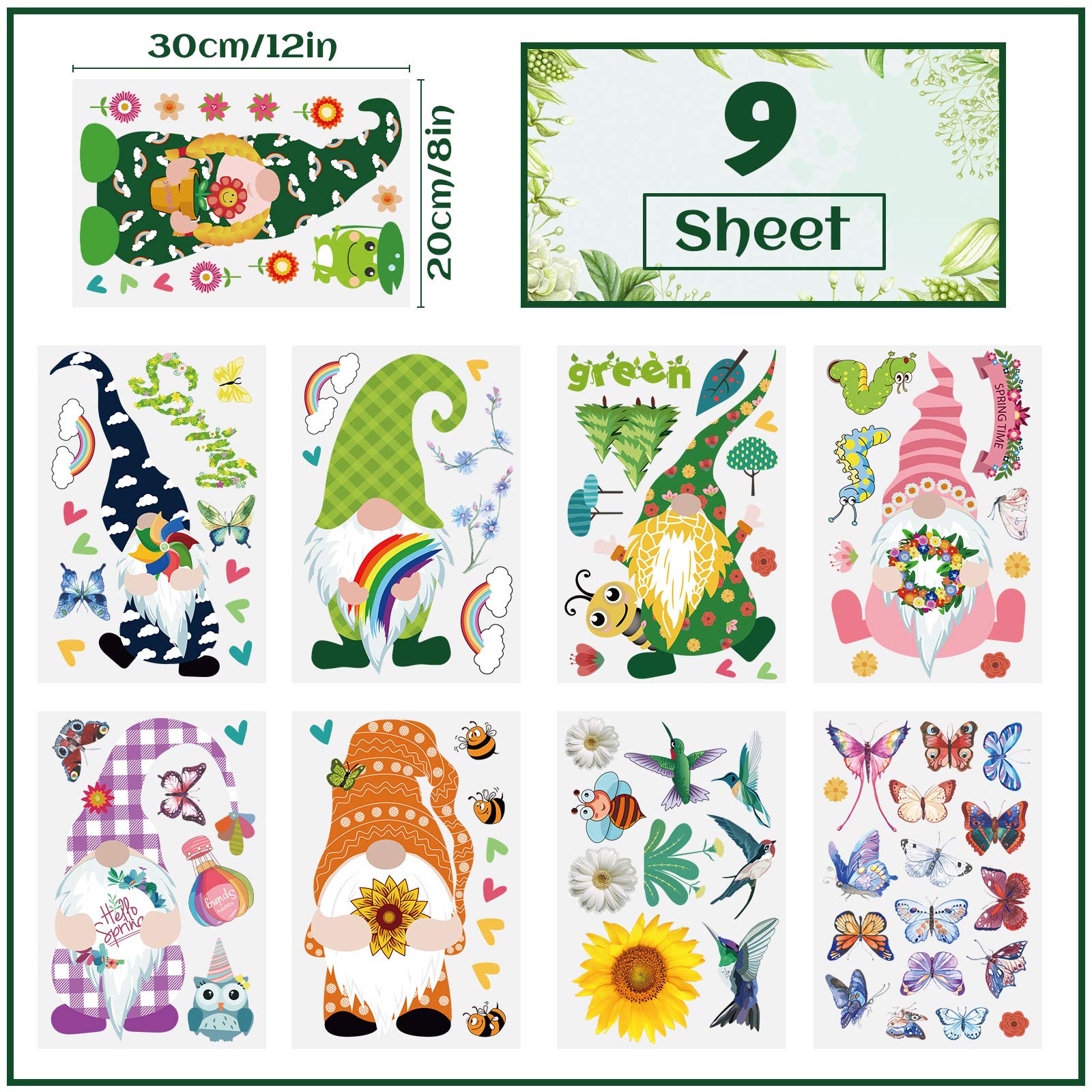 Zonon 9-Piece Gnome Window Clings Set - Flower & Butterfly Window Decals, Spring Home Decor, Reusable Stickers for Glass Doors & Windows - Perfect for Easter, Garden Party & Seasonal Home Decoration