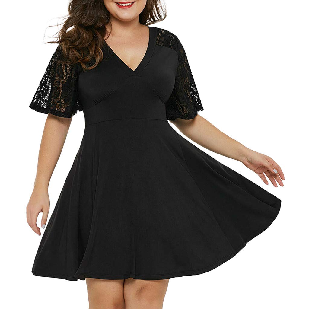 Plus Size Casual Short Lace V-Neck Swing A-Line Dress for Women - Elegant Sleeve Summer Dress for Parties, Weddings & Date Nights