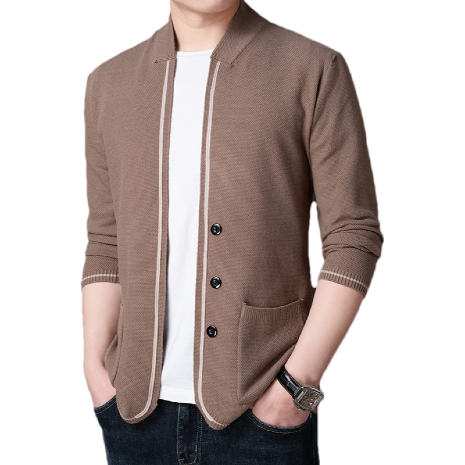 Slim Fit Striped Men's Cardigan - Single-Breasted Shawl Collar Sweater for Casual Wear & Office Outfits | Lightweight Knit Pullover for Fall & Winter Layering