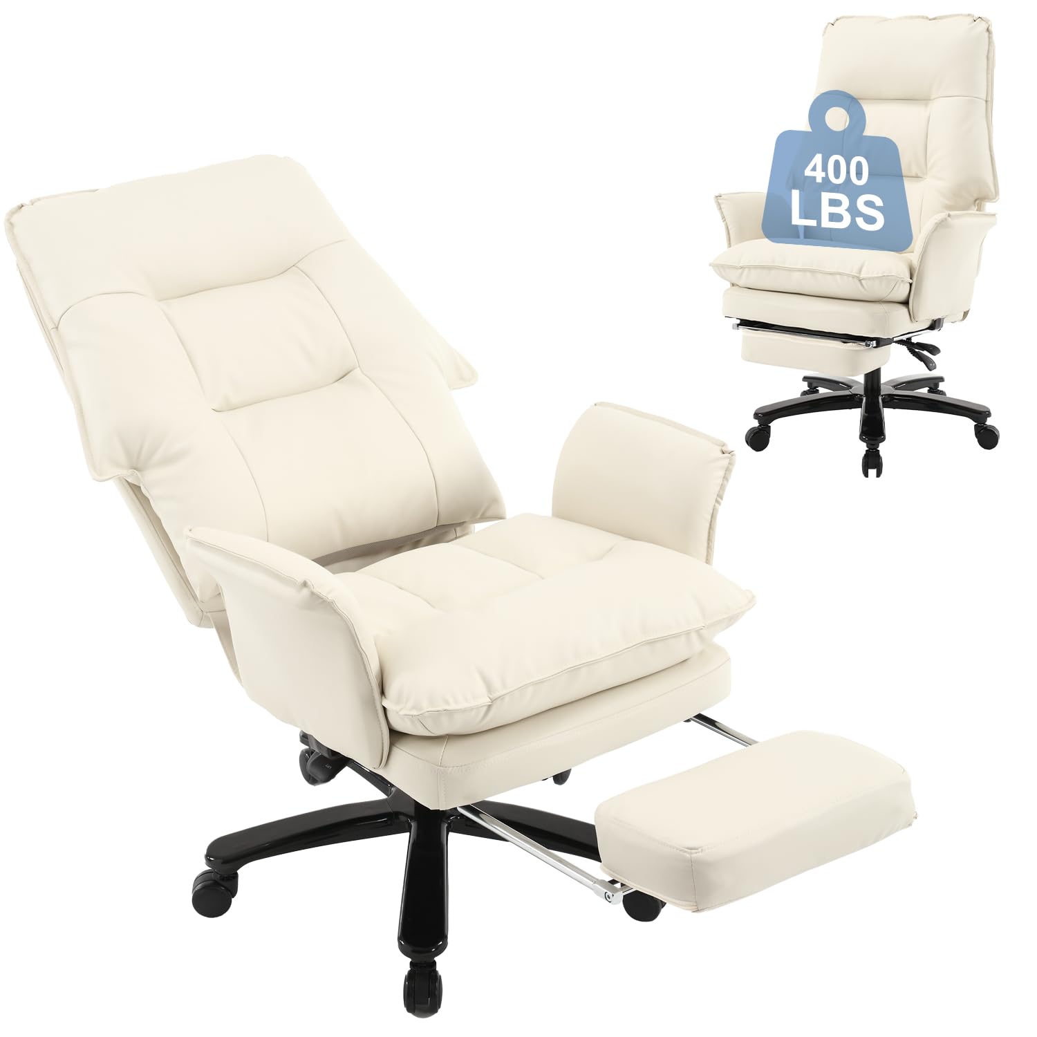 Big and Tall Office Chair for Heavy People Up to 400lbs - Reclining Executive Leather Desk Chair with Footrest & High Back Support - Ergonomic Upholstered Backrest & Seat in Beige - Perfect for Home Office, Gaming, and Long Work Sessions