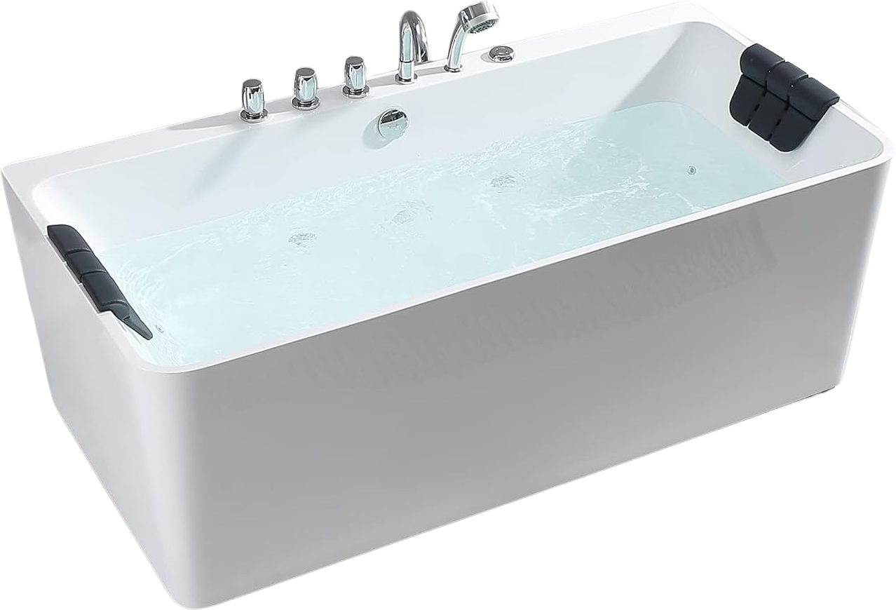 Empava 67-Inch Freestanding Acrylic Whirlpool Bathtub with Center Drain - Modern Rectangular Soaking Tub for Luxury Bathroom & Spa Relaxation at Home