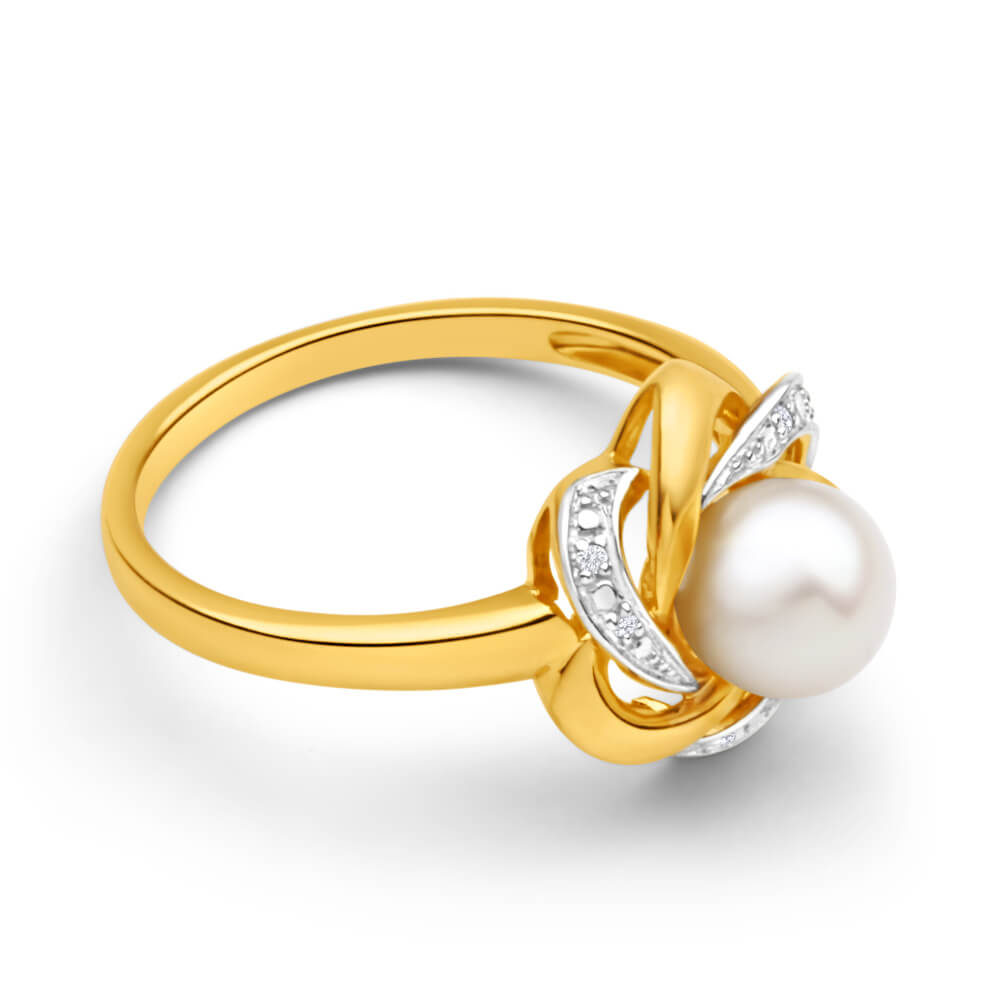 9ct Yellow Gold Diamond and Pearl Ring for Women - Elegant Jewelry Gift for Anniversary, Engagement, or Special Occasions
