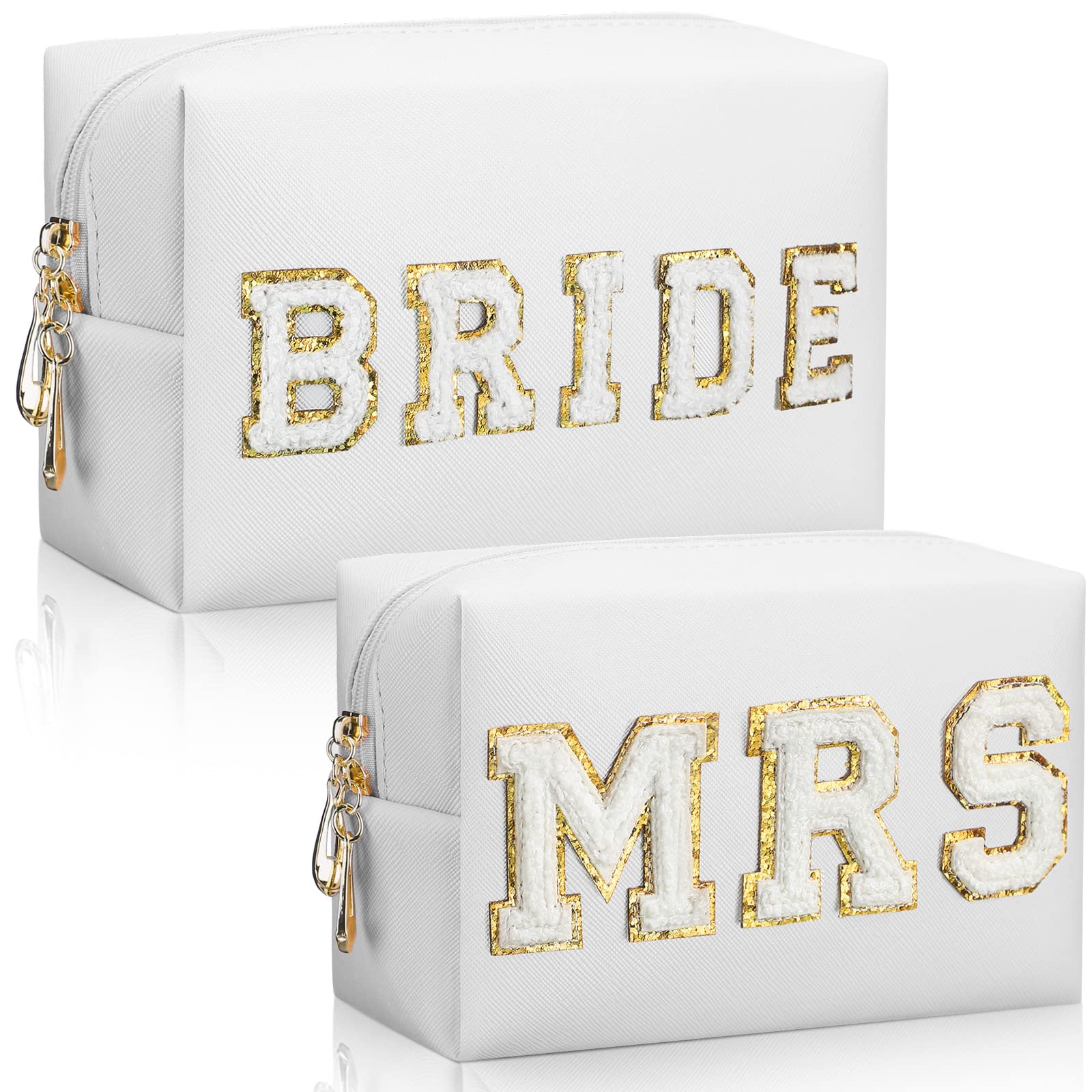 Pinkunn 2 Pcs Bride Makeup Bag Set - Mrs & Wifey Cosmetic Pouch, I Do Hubby Wedding Travel Toiletry Purse for Honeymoon, Bridal Shower Gift for Women & Girls (White, PU Leather) - Perfect for Wedding Parties & Bridal Organizer