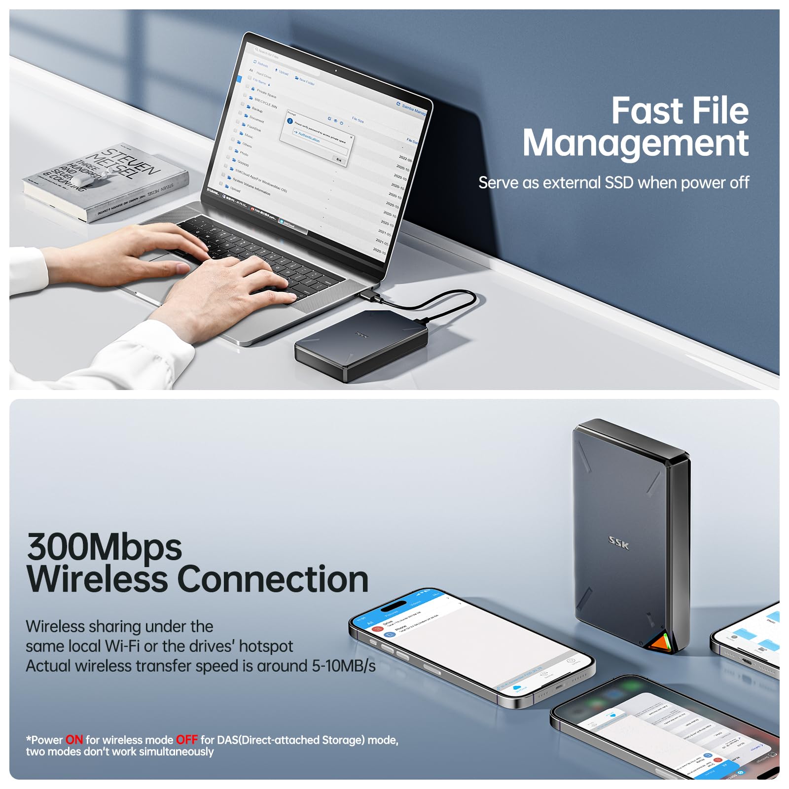 SSK 2TB Portable External SSD with Wi-Fi Hotspot | Wireless Personal Cloud Storage for Auto-Backup | Remote Access for Phone, Tablet & Laptop | Perfect for Travel, Work & Home Data Backup