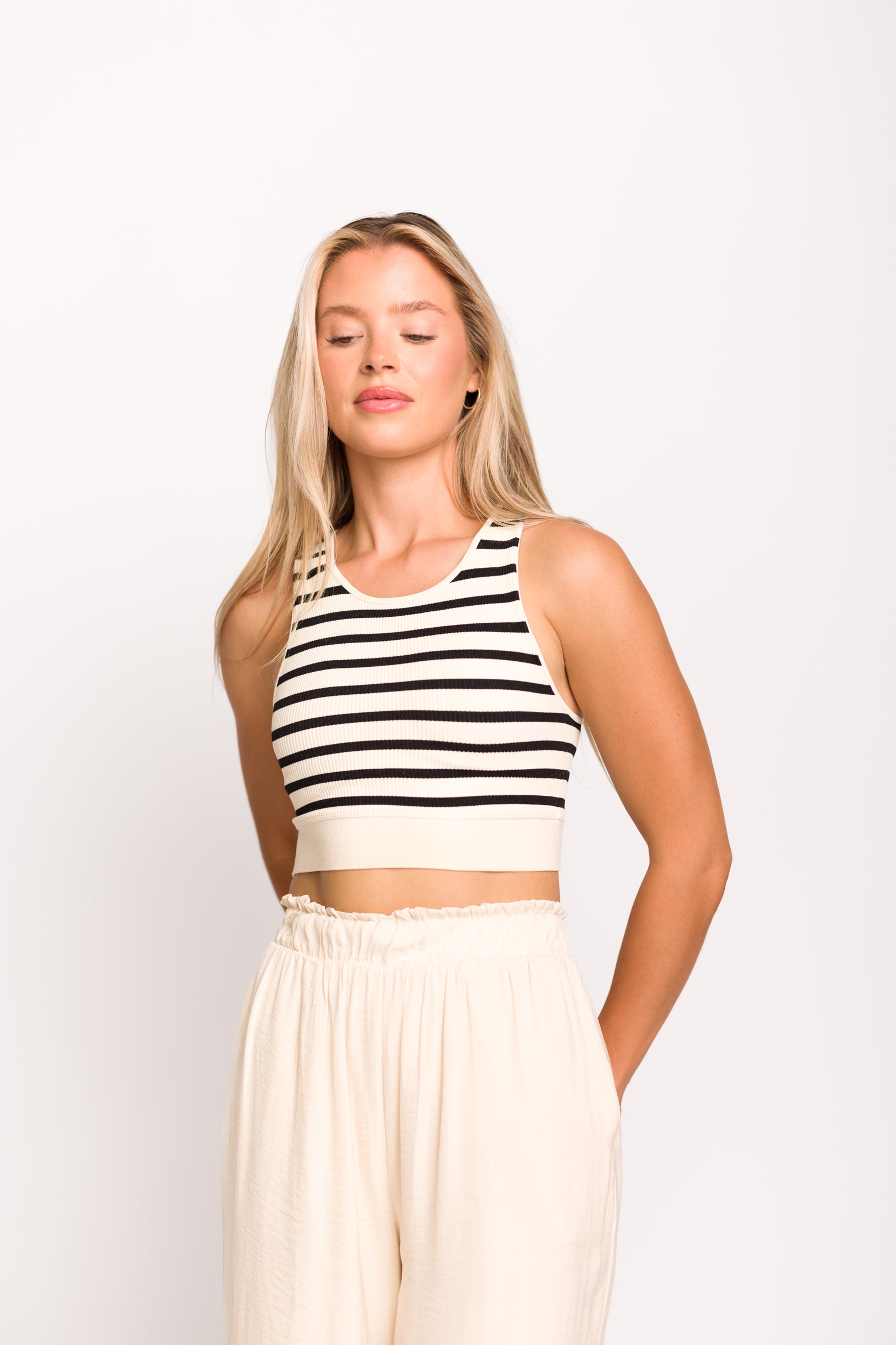 Seamless Knit Brami Top - Black/Ivory - Comfortable Stretchy Women's Casual Wear for Yoga, Lounge & Everyday Outfits